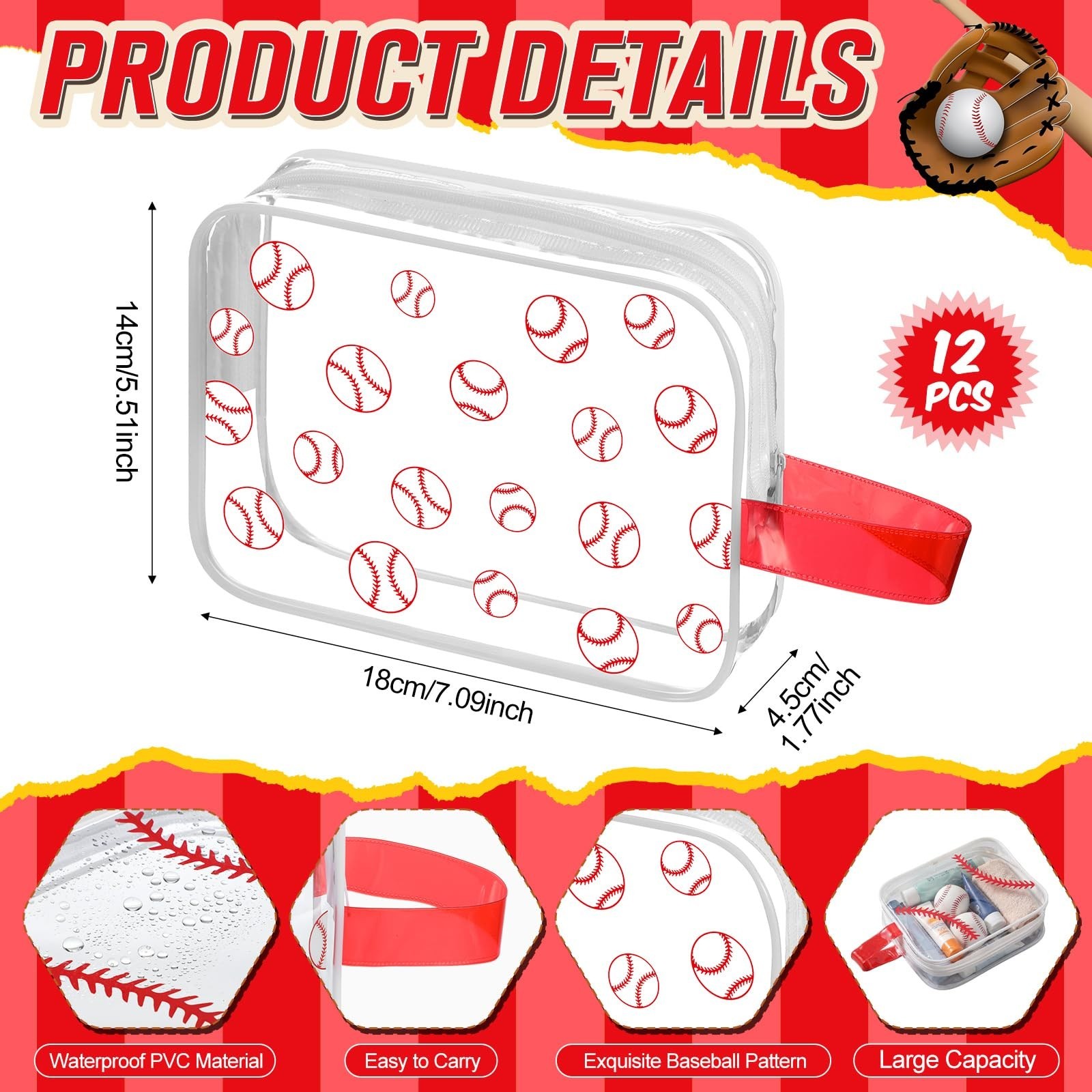 12 Pcs Baseball Clear Makeup Bag with Zipper Bulk Sport Goodie Clear PVC Pouc…
