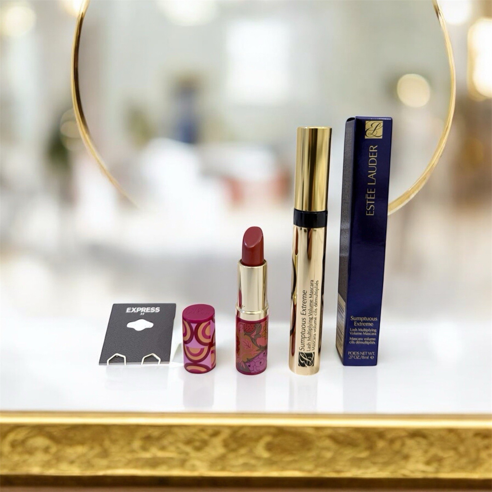 Express EARRINGS ESTEE LAUDER Sumptuous Extreme Volume Black Mascara LIPSTICK