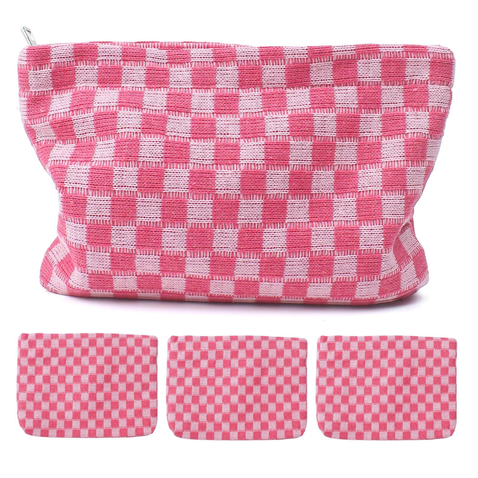4Pcs Pink Checkered Makeup Bags, Cosmetic Toiletry Large Capacity Organizer G…