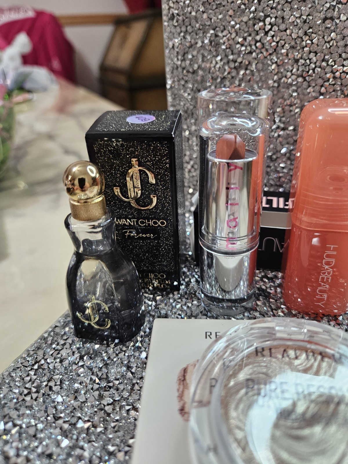 Jimmy Choo I Want Choo, REALHER Highlighter, Huda Beauty Lipstick Lot 4