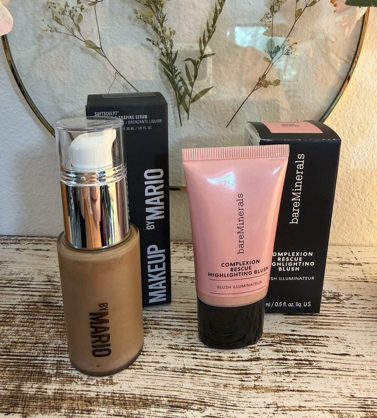 Makeup by Mario SoftSculpt Shaping Serum Light + BareMinerals blush in pink glow
