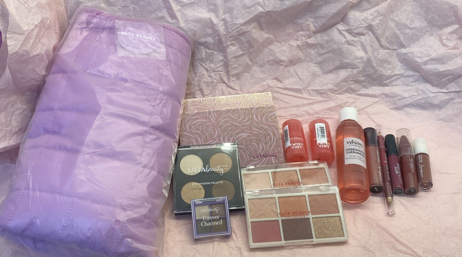 15 Piece ULTA Makeup Lot BRAND NEW W PURPLE PUFFER Large COSMETIC CarryAll BAG