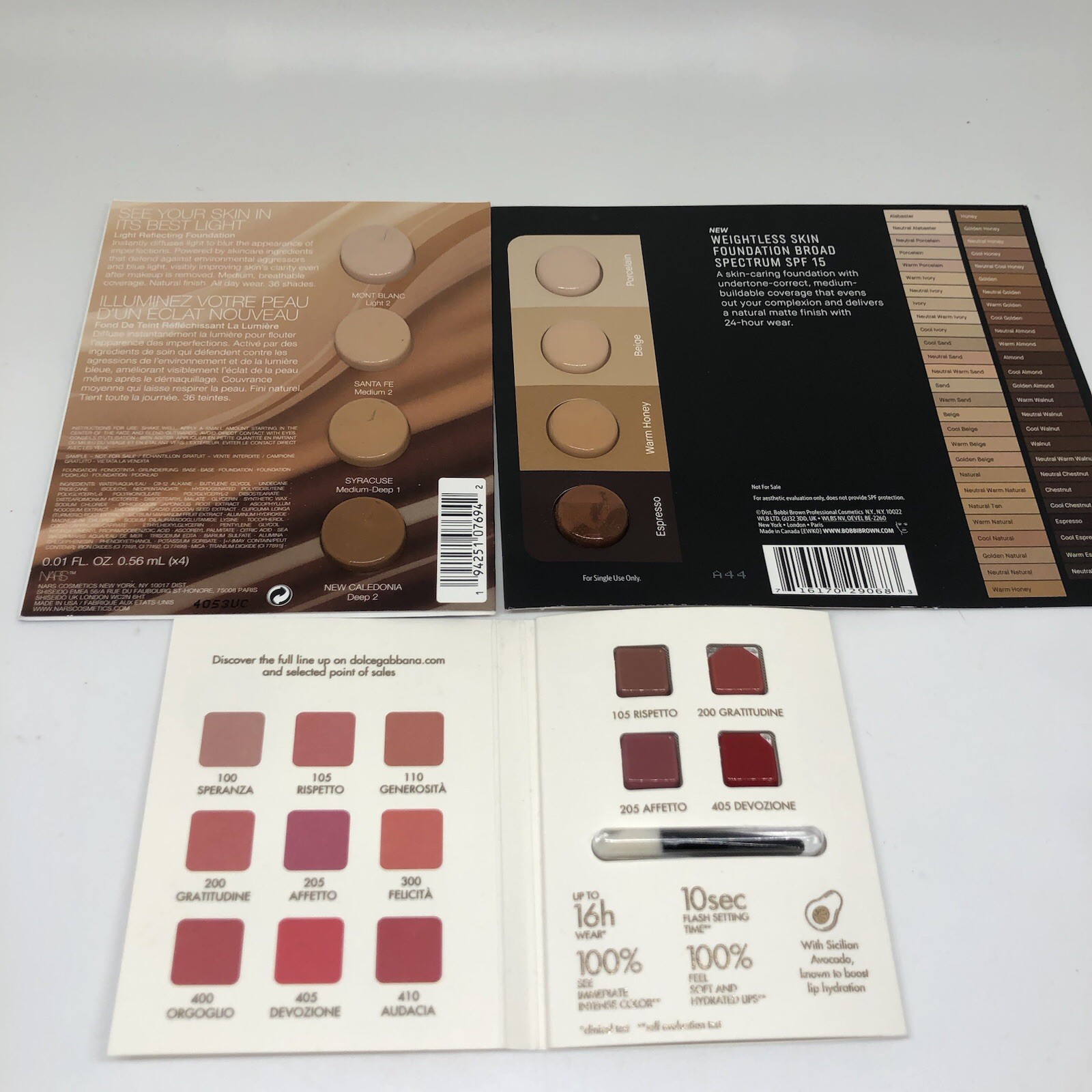 Makeup Samples Nars Bobbi Brown Foundation Dolce & Gabbana Devotion Lipstick