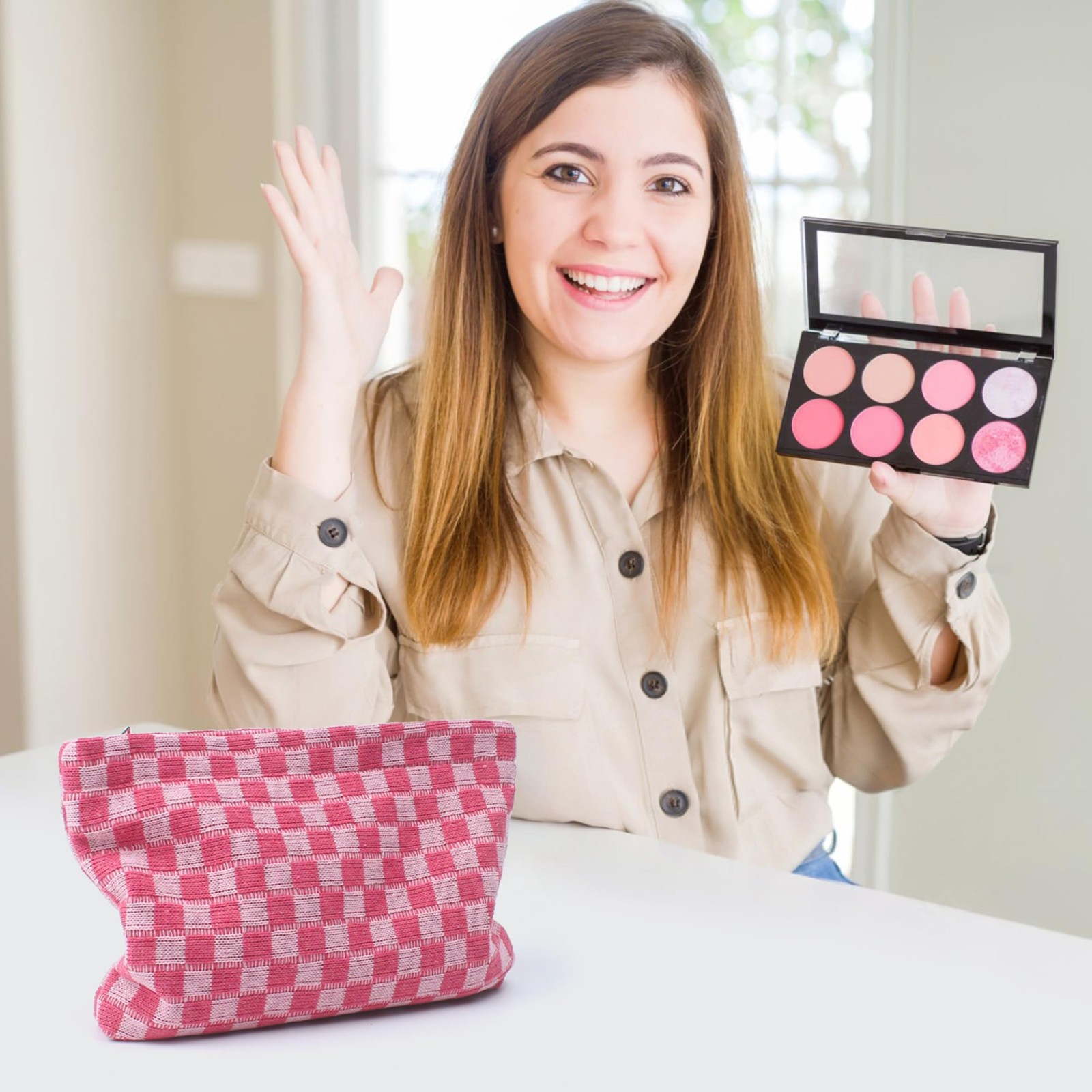 4Pcs Pink Checkered Makeup Bags, Cosmetic Toiletry Large Capacity Organizer G…
