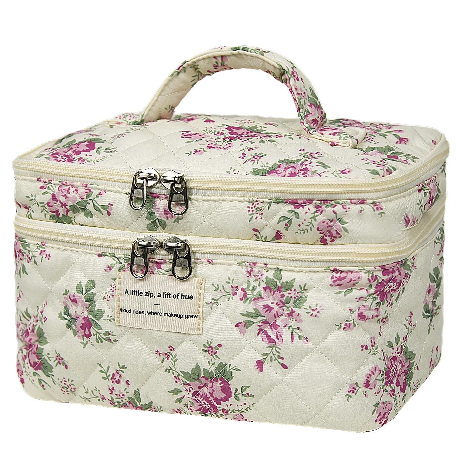 Large Quilted Makeup Bag, Large Floral Cosmetic Bag for Women, Cute Cotton Ma…