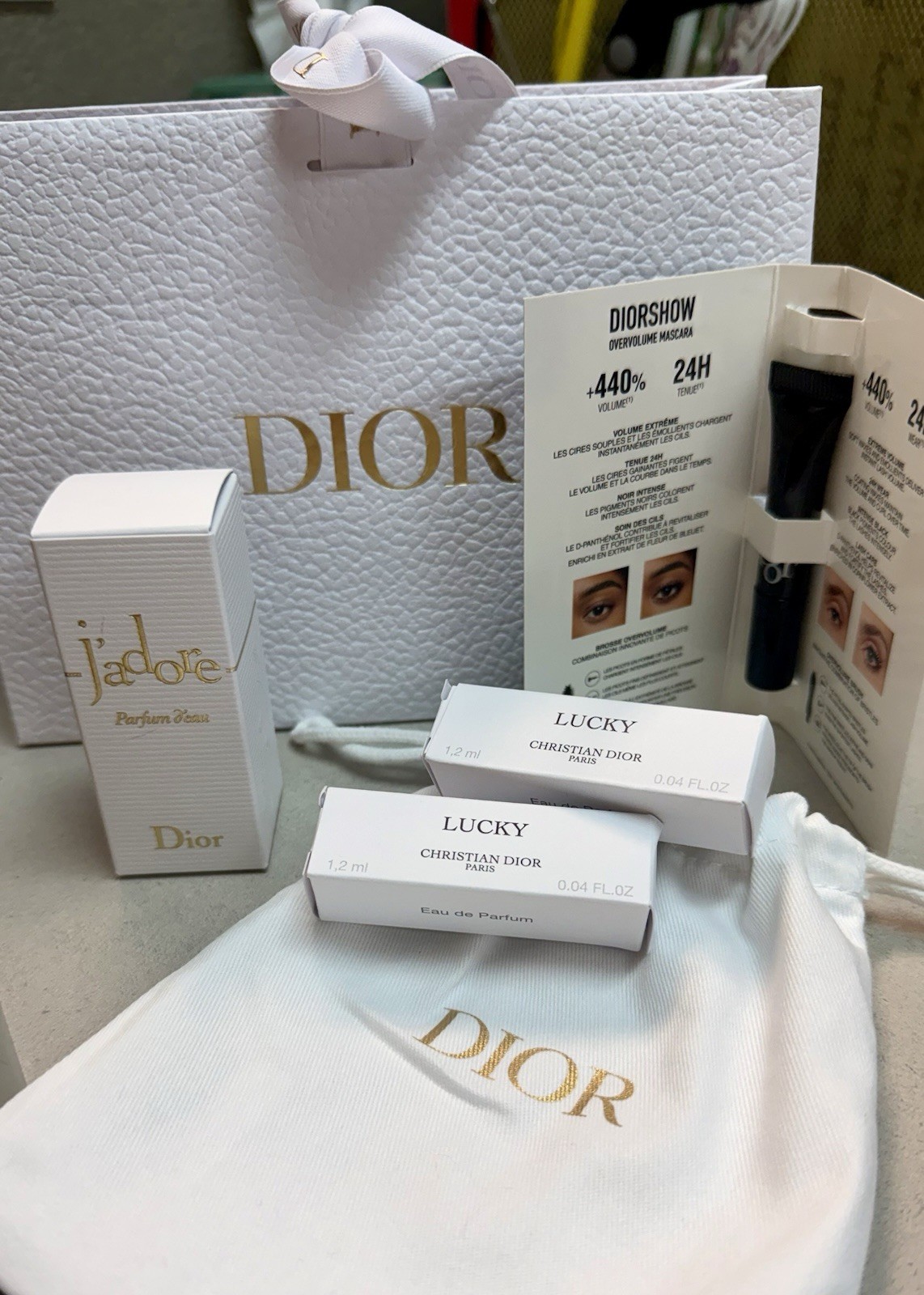 Dior Sample Size Lot- J’adore Parfum d’eau, 2 Lucky, Diorshow Overvolume Mascara