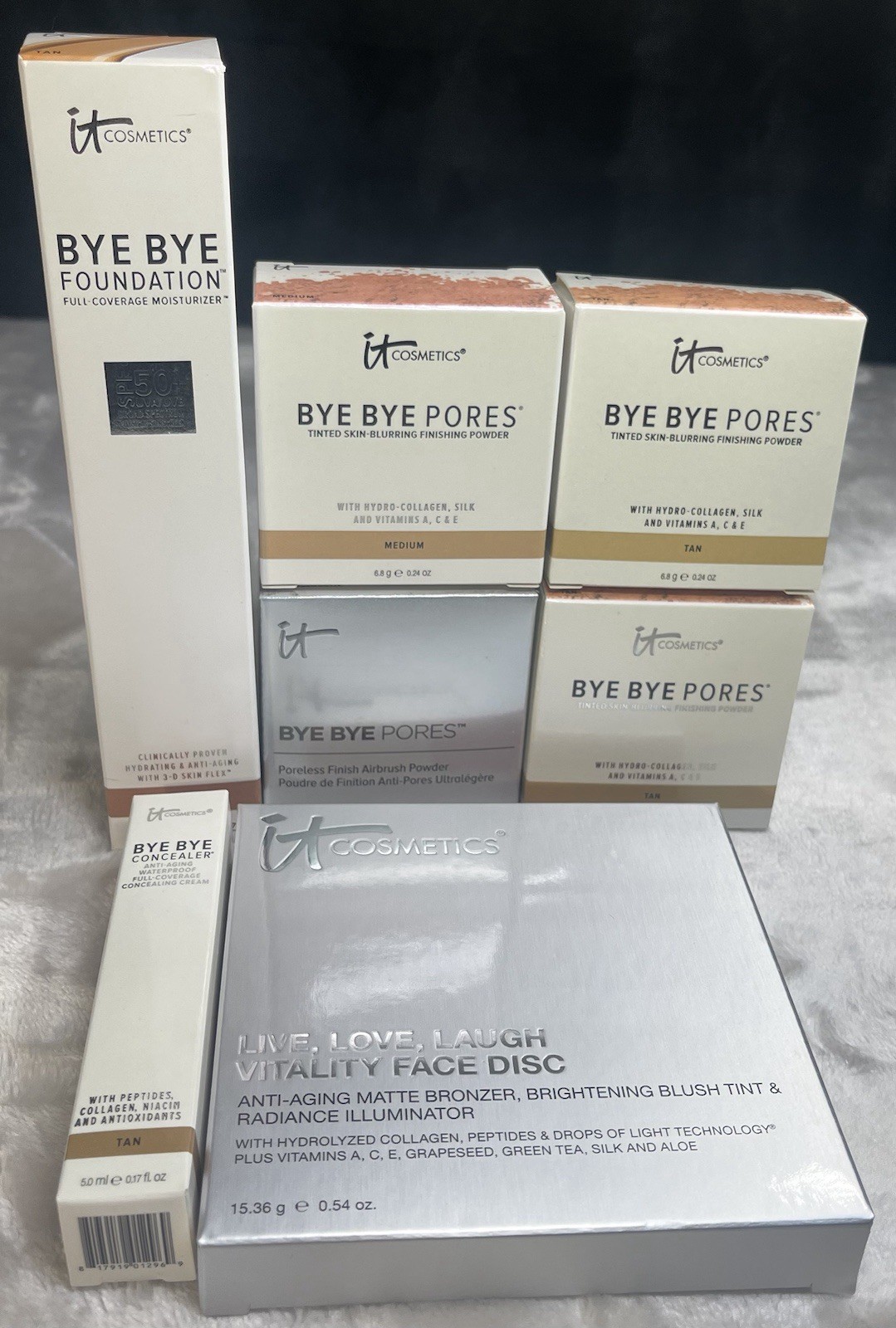 Bye Bye Makeup: Lot of 7. Foundation Tan,Concealer Tan,Finishing Powders Tan/med