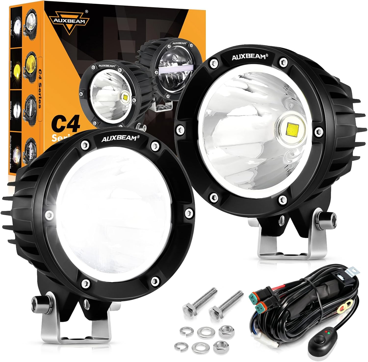 4 Inch 72W round Offroad Lights, 2PCS 7200LM LED Driving Pod Spot Lights White B