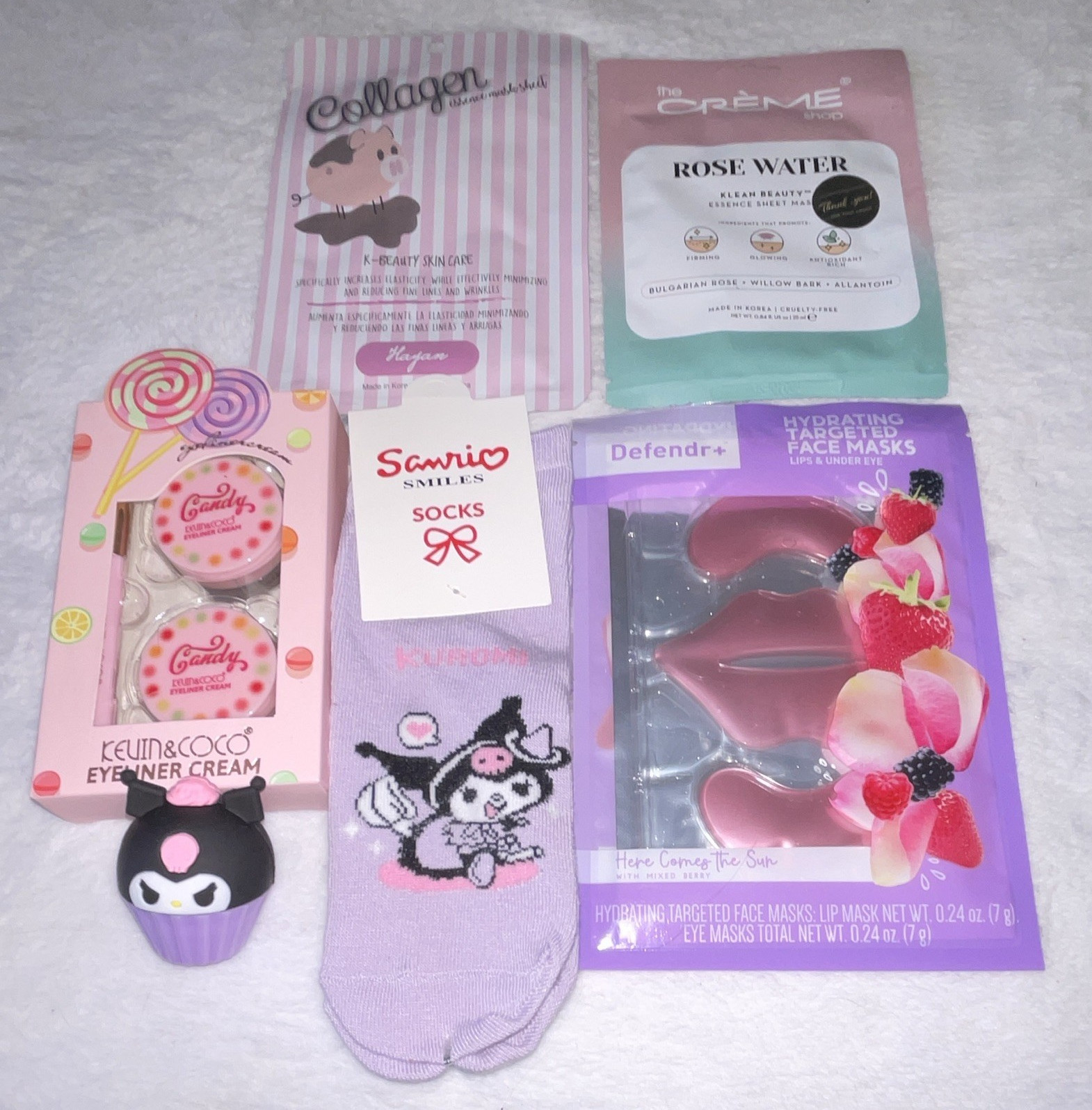 The Crème Shop Beauty Lot: Rose Water Mask, Eyeliner, Kuromi Socks, lip gloss
