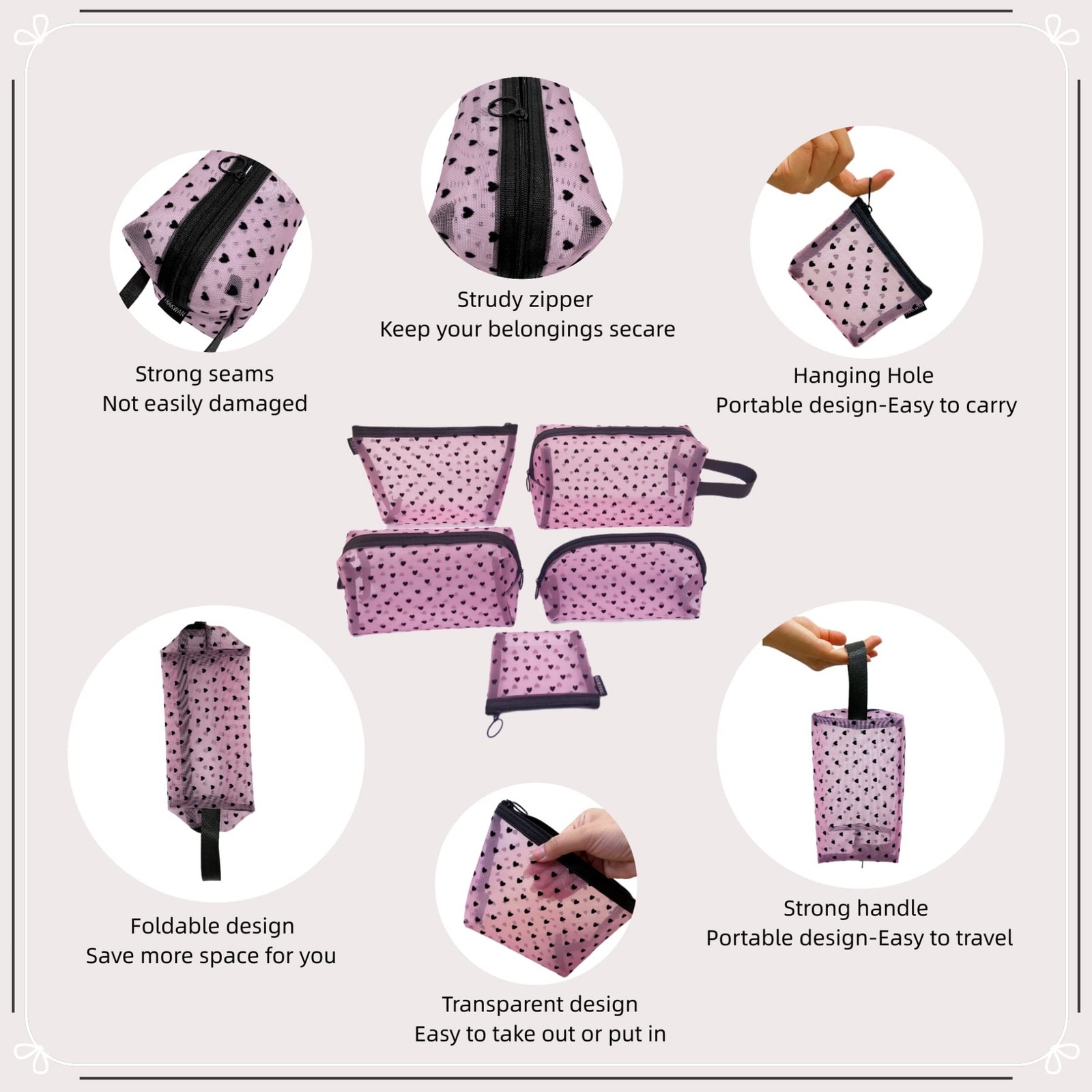 5 Pieces Mesh Heart Makeup Bags Sets, Zipper Mesh Cosmetic Bag Toiletry Bag, …