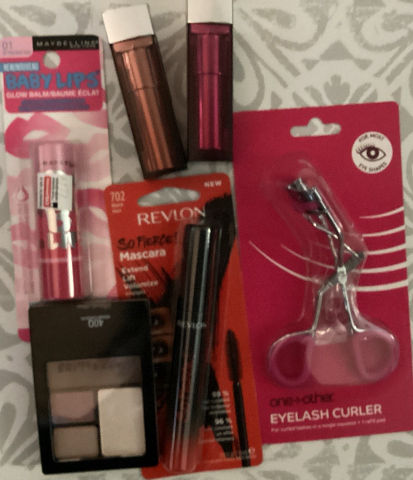 Lot Of 5 Makeup Items, ,Maybelline Eyeshadow , Lipstick &Balm, Revlon Mascara