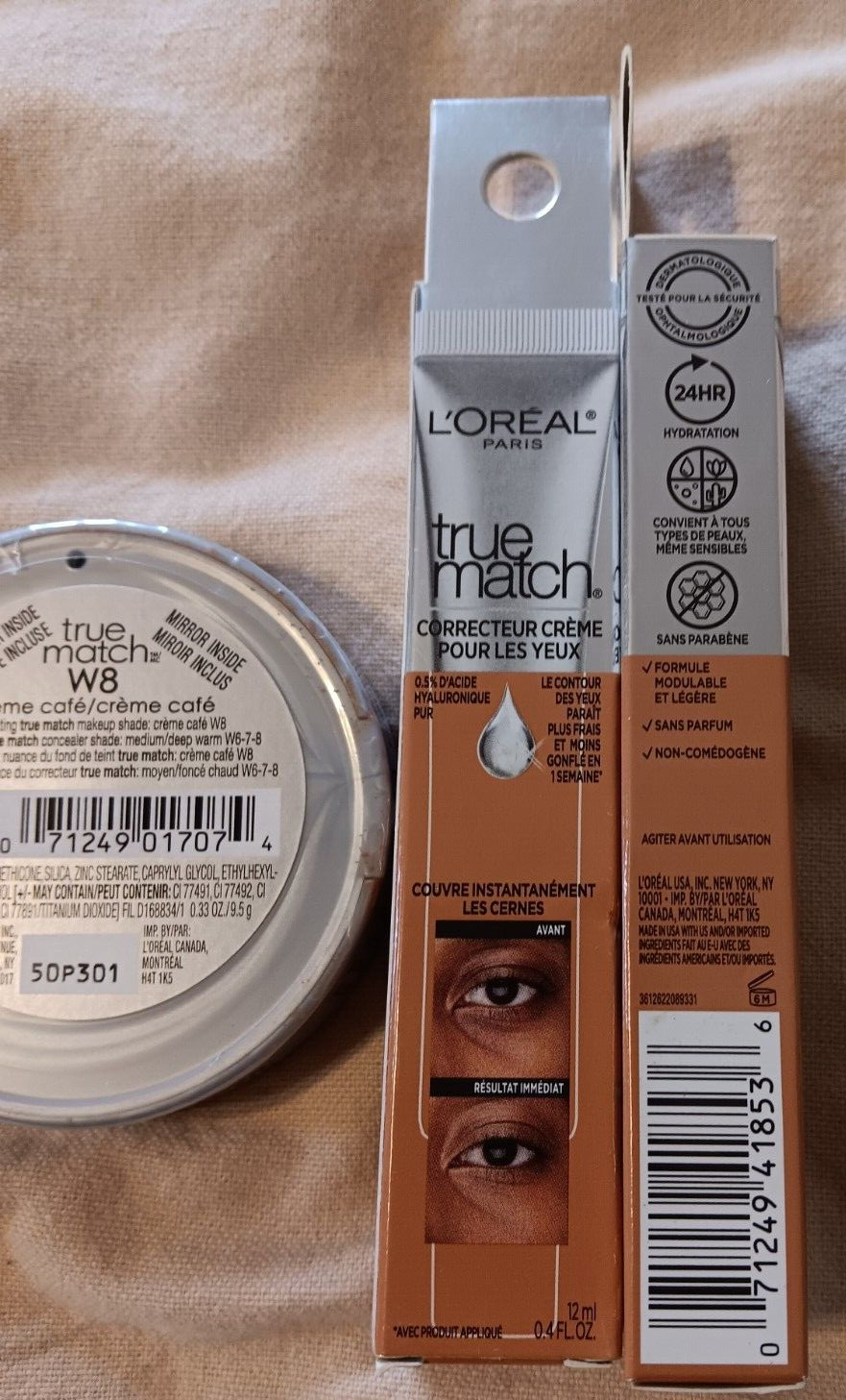 L’Oreal Paris True Match W 7-8 Eye Cream Concealer W8 Warm Creme Cafe Powder Lot