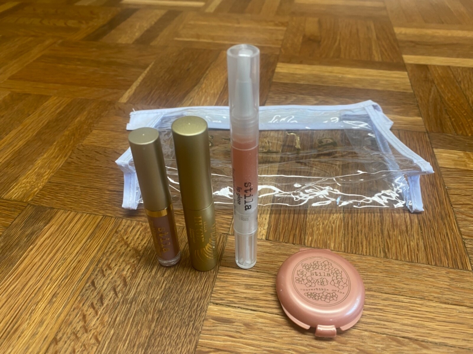 Lot of Stila Cosmetics Lip Glaze Lipstick Mascara Lip & Cheek Cream Cosmetic Bag