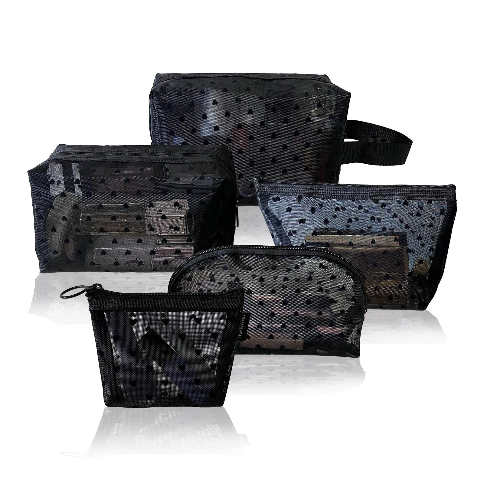 5 Pieces Zipper Mesh Cosmetic Bags Set, Mesh Heart Makeup Bags Toiletry Bags,…