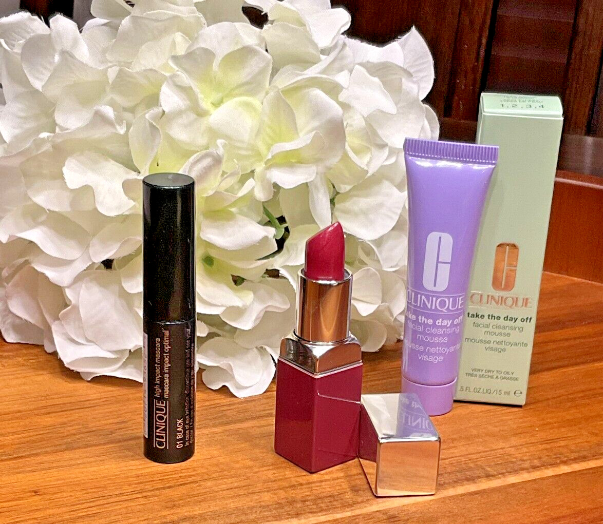 Lot of 3 CLINIQUE Love Pop 13 Lipstick, High Impact Mascara, Mousse Cleanser ***