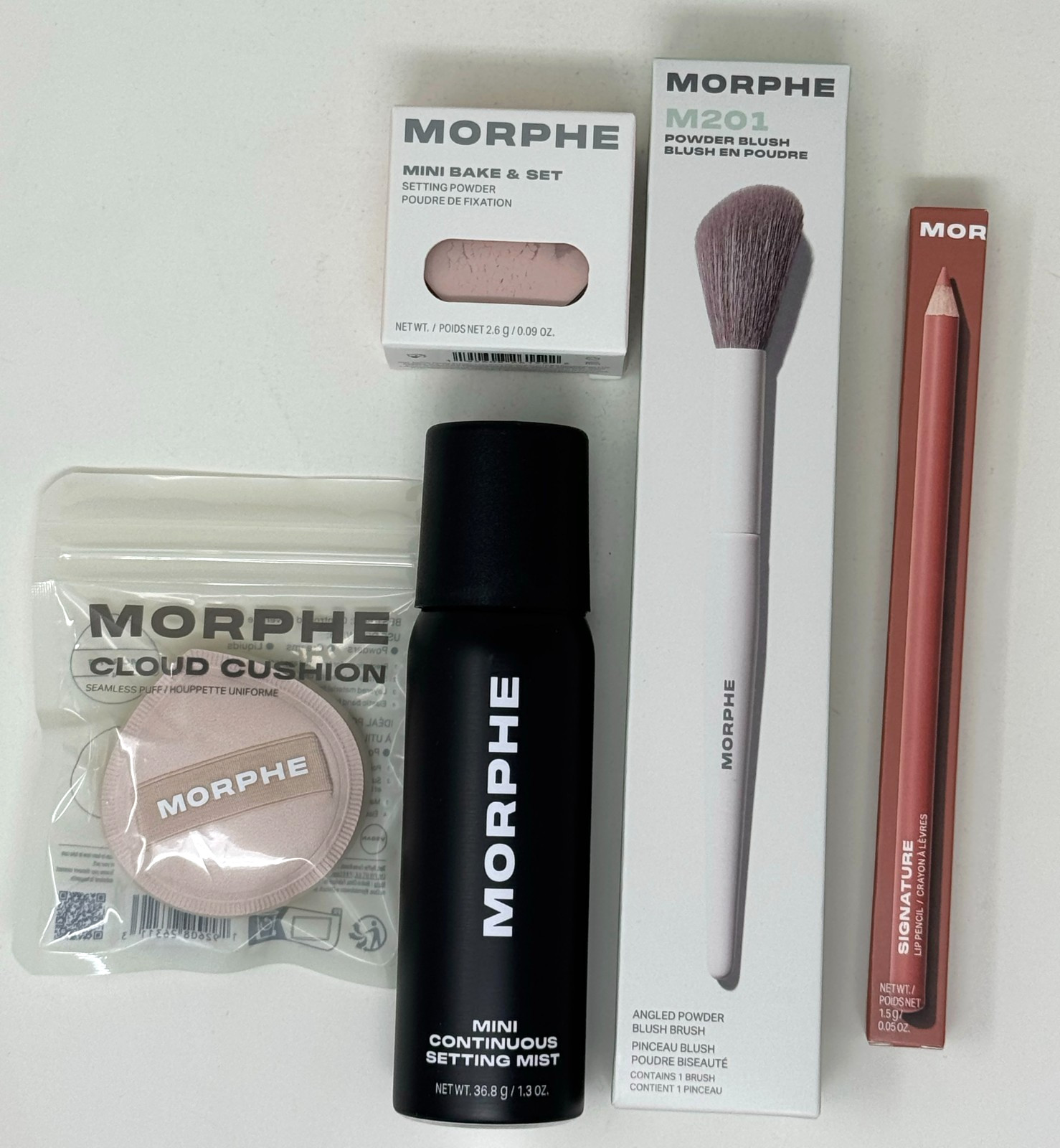 MORPHE Blush Brush M201, Cloud Cushion, Wifey Lip Pencil, Setting Mist & Powder