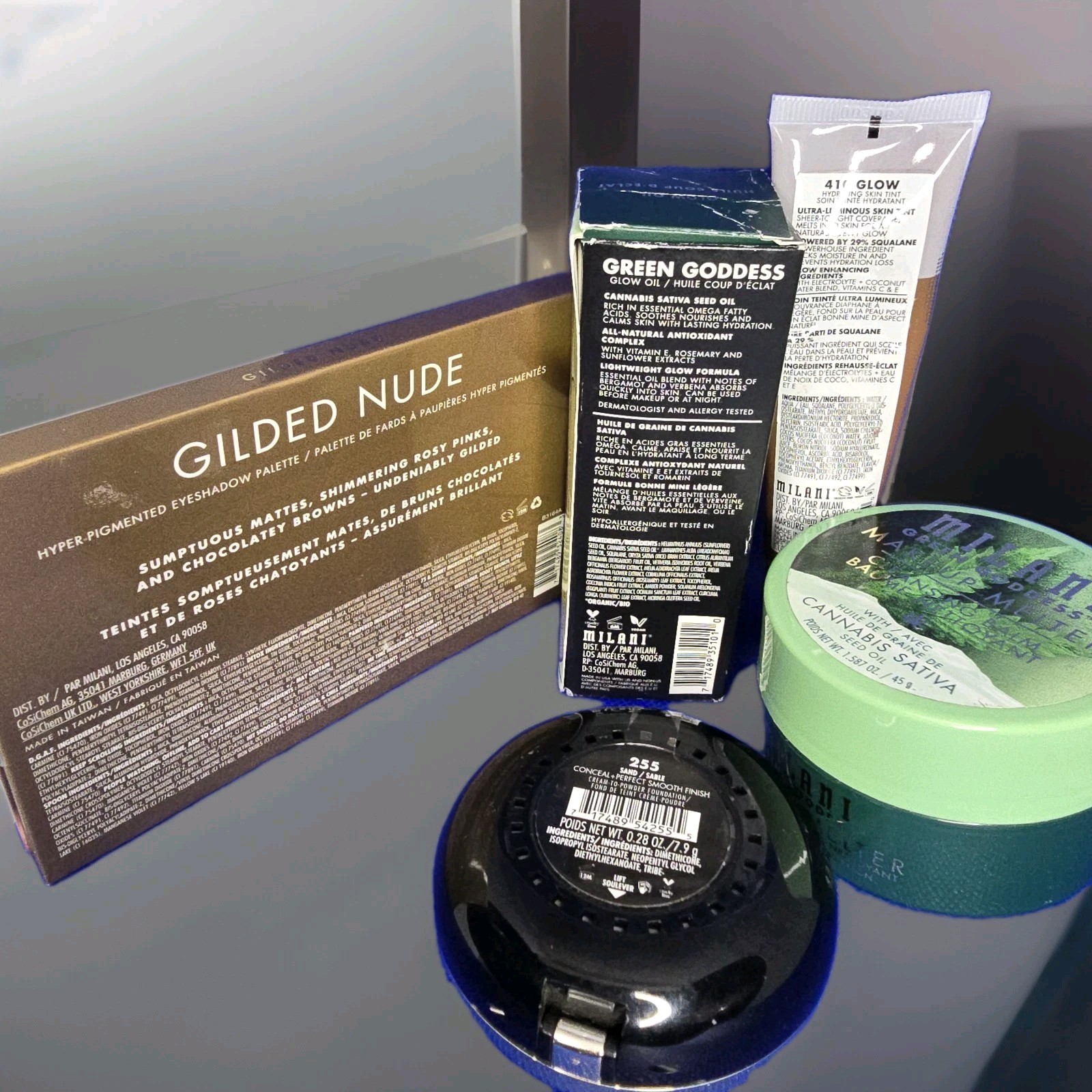 Milani 5pc Makeup Set Gilded Nude Palette Skin Tint 410 Glow Oil Cleansing Balm