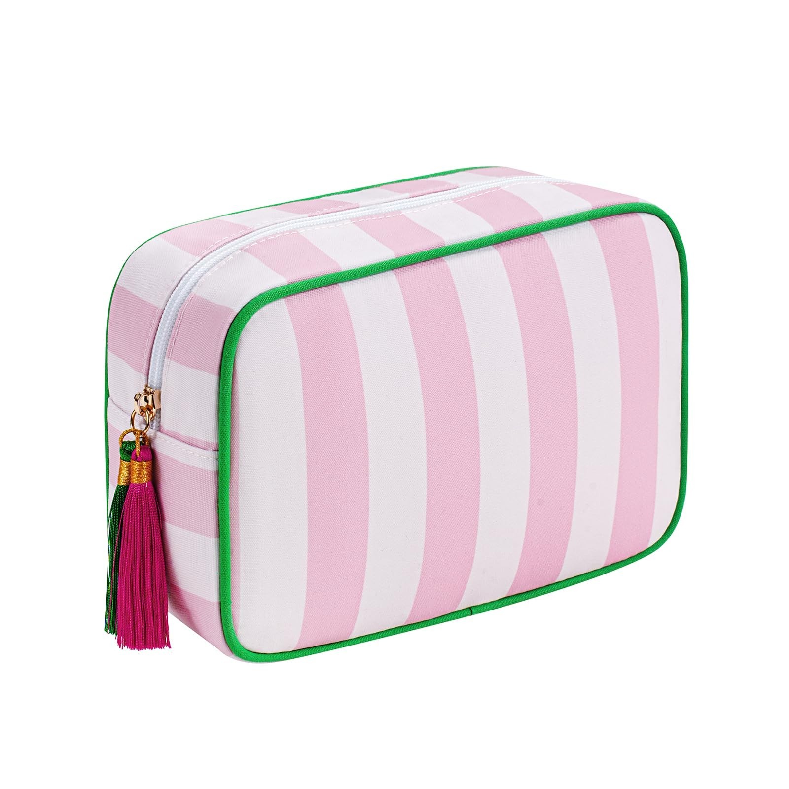 Large Stripe Canvas Zipper Makeup Bag,Aesthetic Tassel Travel Cosmetic Bag,Co…