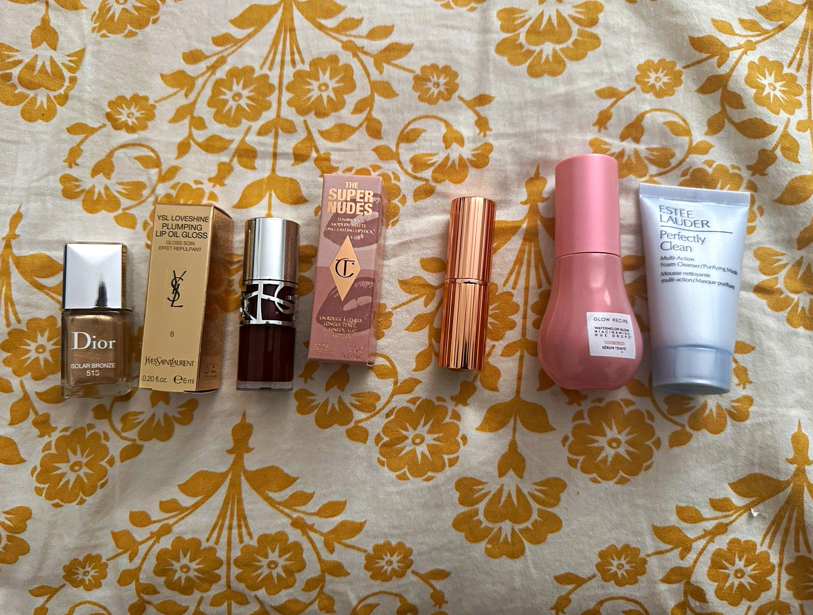 Assorted Beauty Lot: Estée Lauder Cleanser, Glow Recipe Drops, YSL Lip Oil