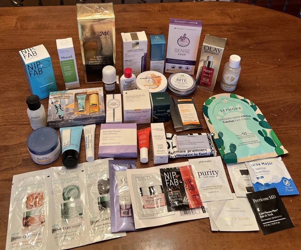 Lot of 35+ Makeup Beauty Products for Face Body-L’Oreal/Aveeno/Perricone/Nip+Fab