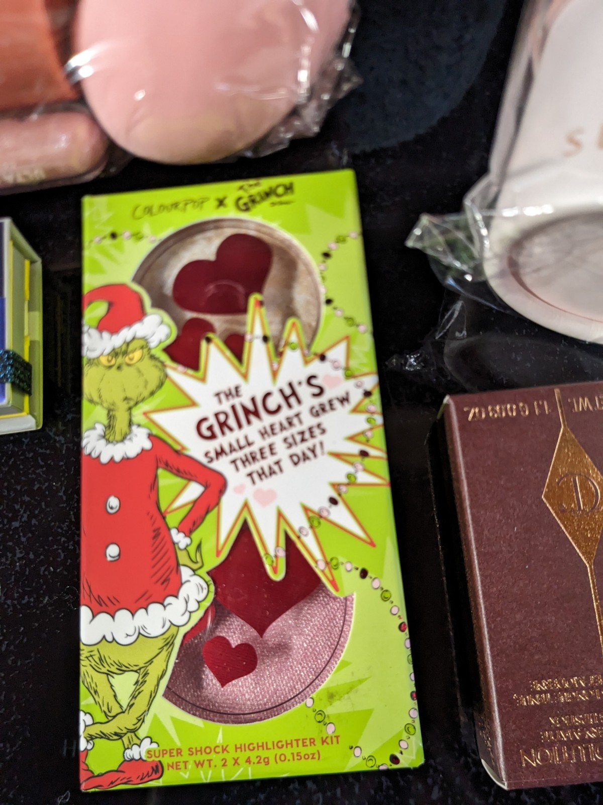 Mixed Beauty Bag Ulta & Sephora Eye Shadow, Grinch’s Highlighter, Sephora Brush