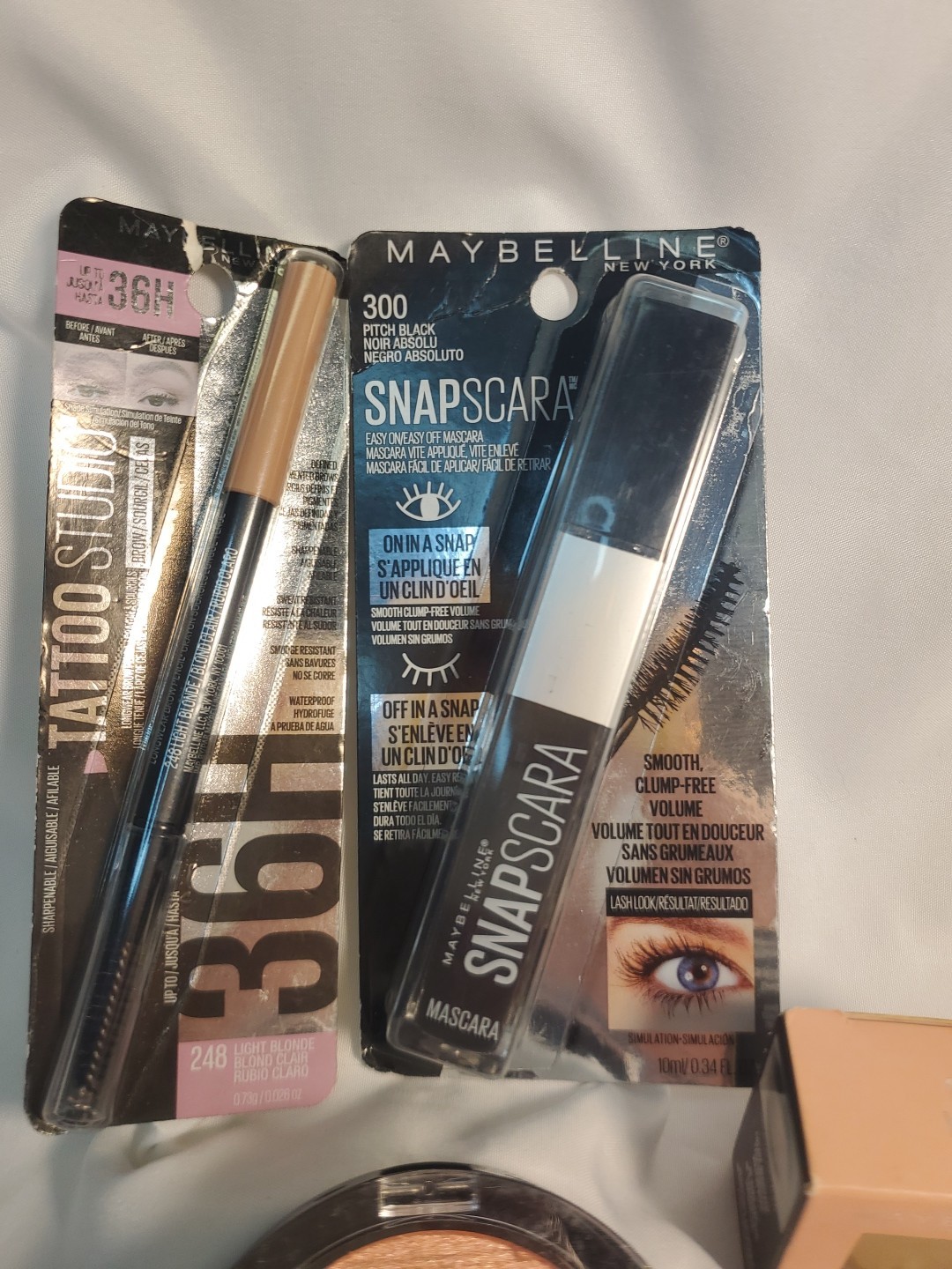 4pc. Maybelline Highlighter, Mascara,Tatoo Studio Brow Pencil, Cream Eyeshadow