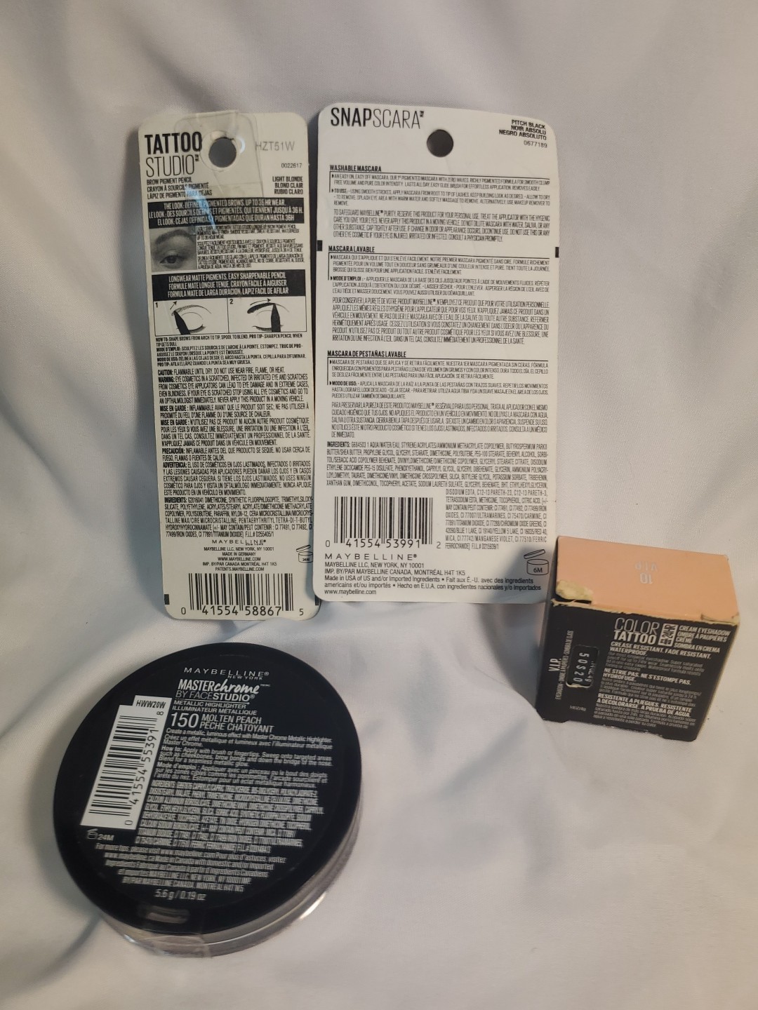4pc. Maybelline Highlighter, Mascara,Tatoo Studio Brow Pencil, Cream Eyeshadow