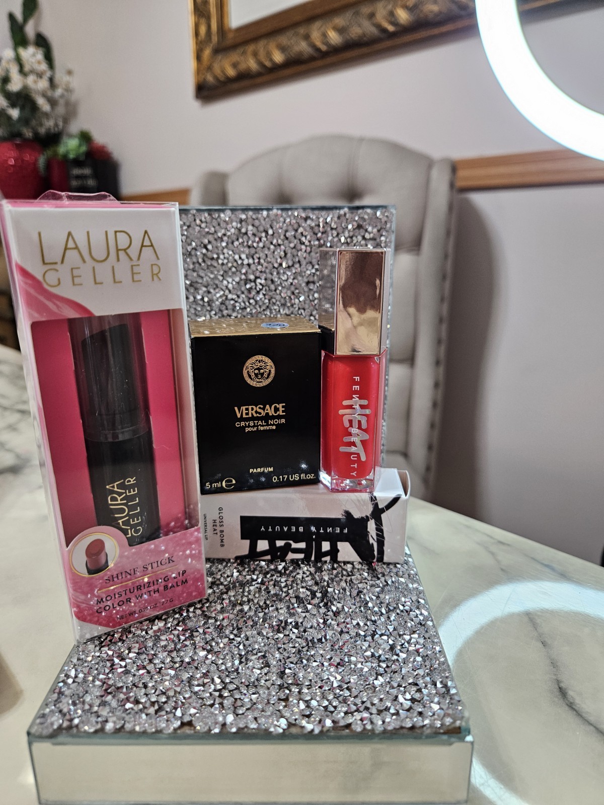 Laura Geller Shine Stick, Versace Crystal Noir, Fenty Beauty Gloss Bomb Lot