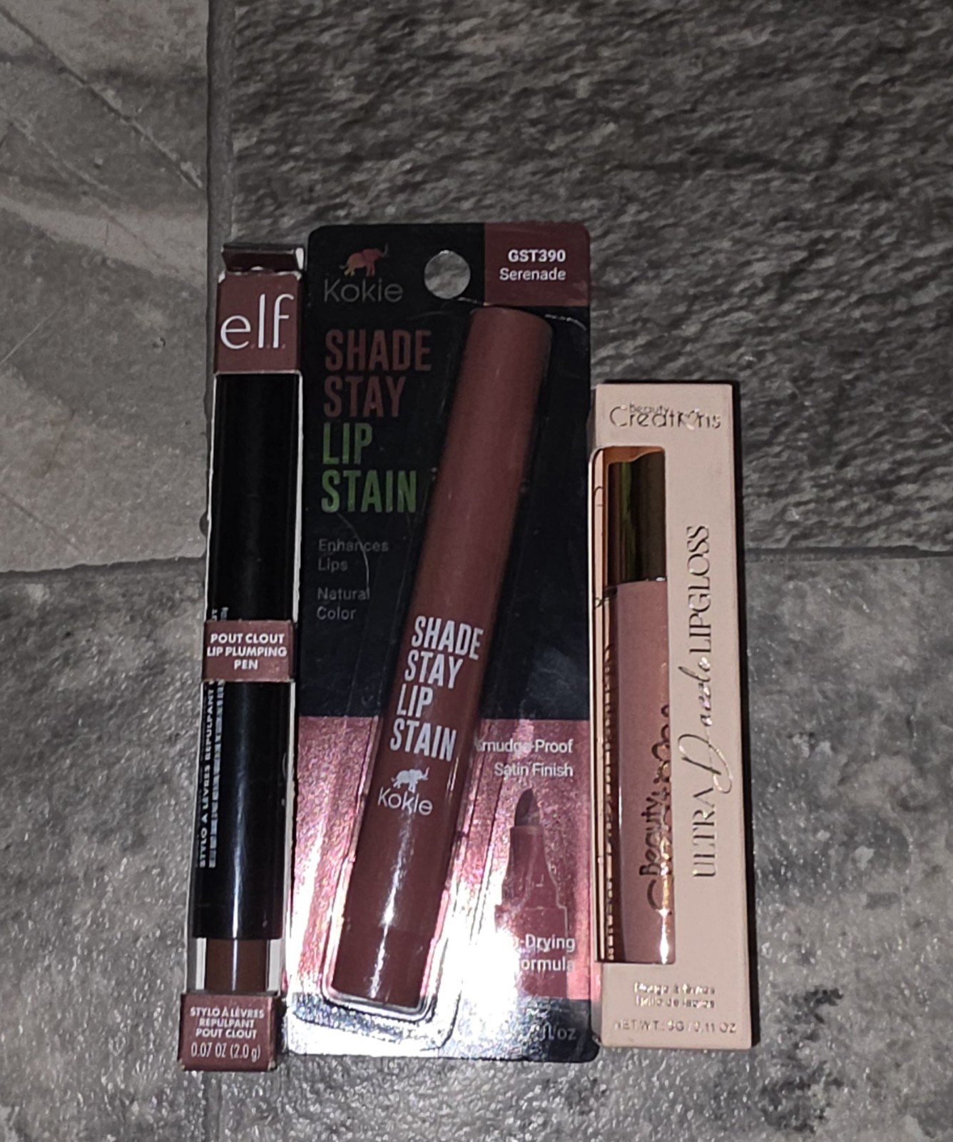 ELF Pout Clout Lip Plumping Pen, Beauty Creations Lip Gloss, Kokie Lip Stain