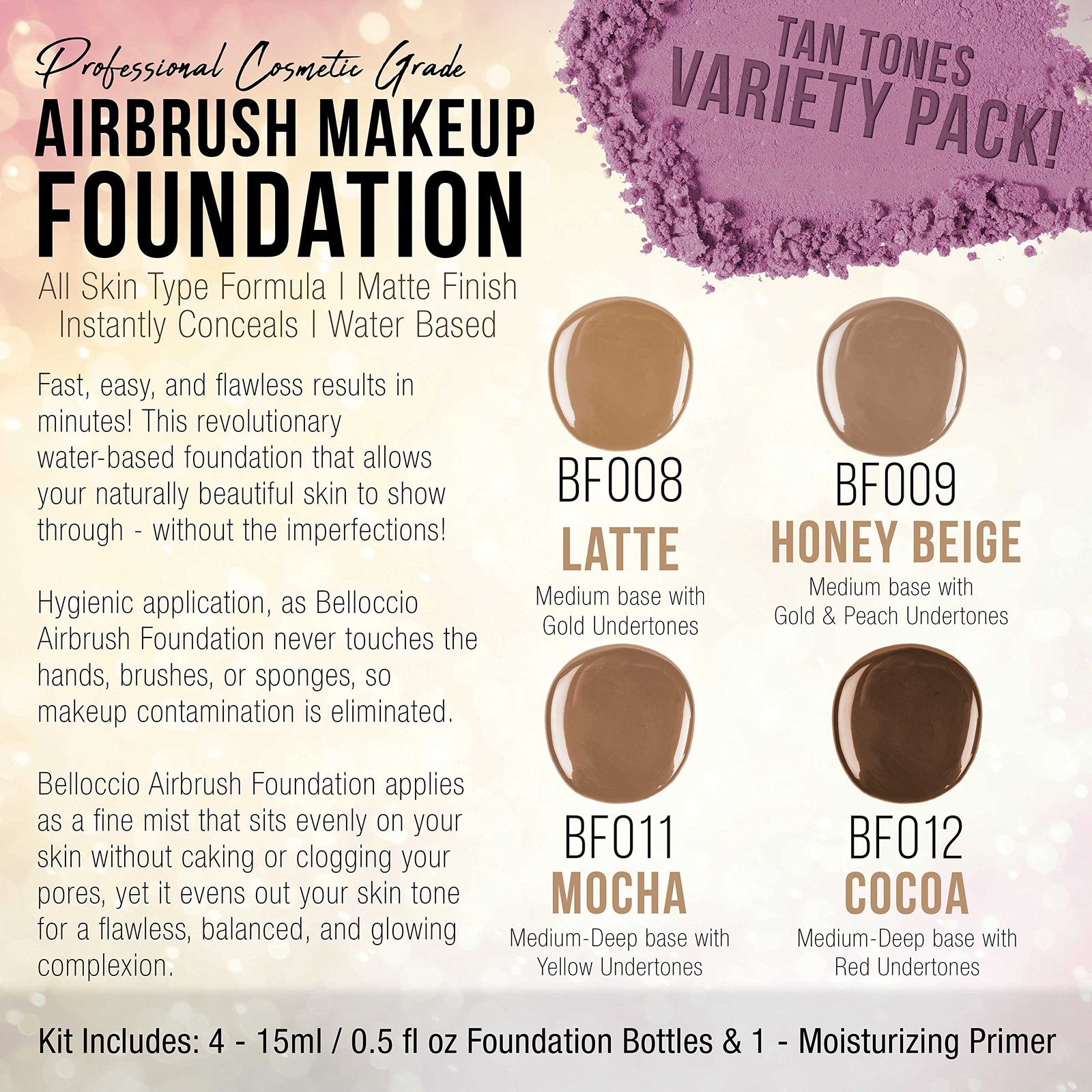 Belloccio Tan Color Shade Foundation Set – Professional Cosmetic Airbrush Mak…