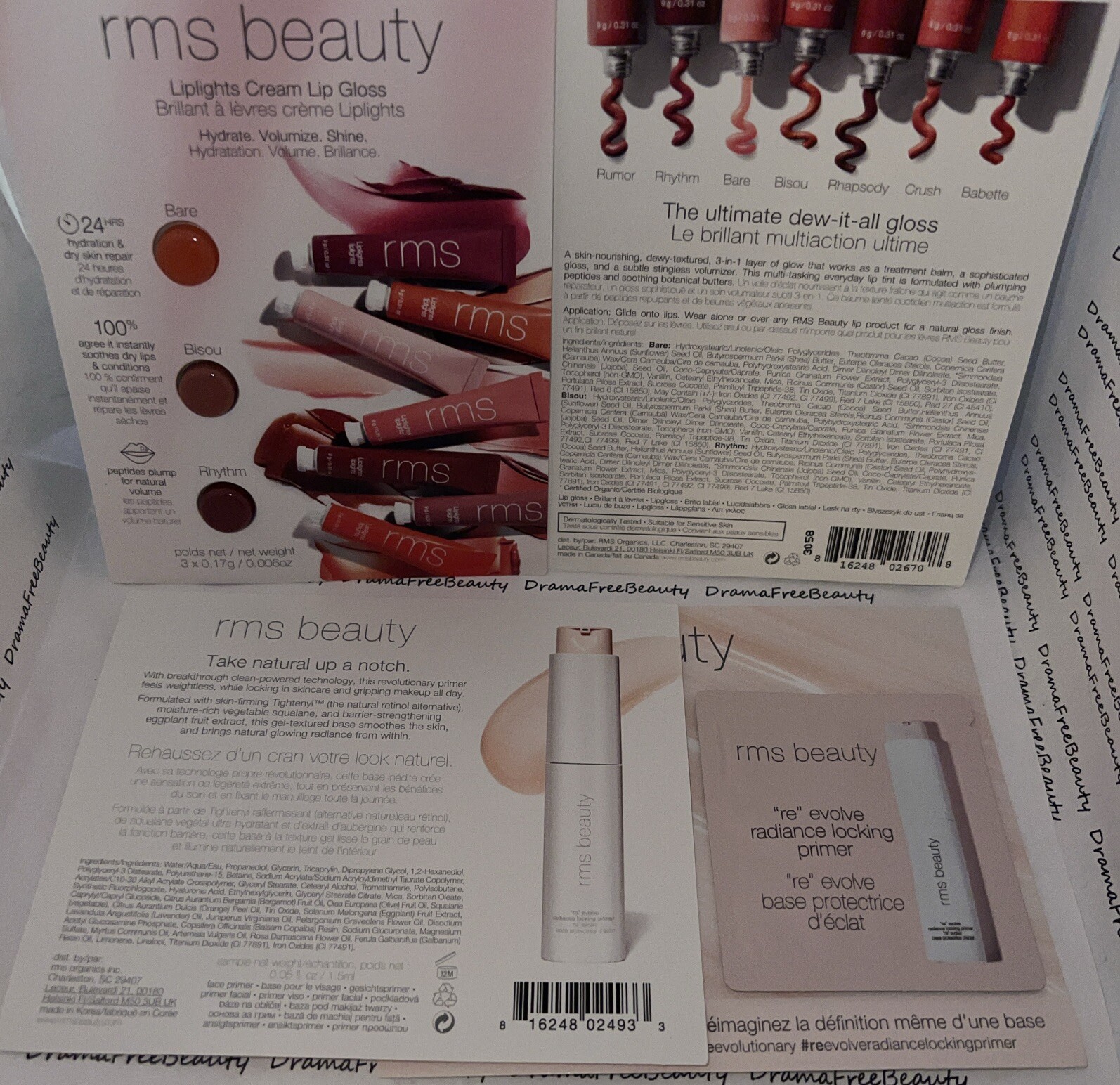 RMS Beauty Makeup 8pc Lot Radiance Primer & BARE, BISOU+ Liplights Lip Gloss Set