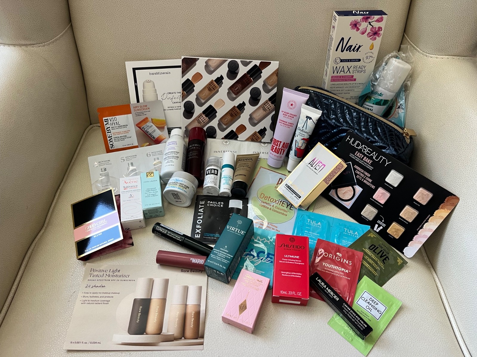 34 pc + High End Beauty Lot Makeup Fragrance Skincare Haircare & Met Blue Bag