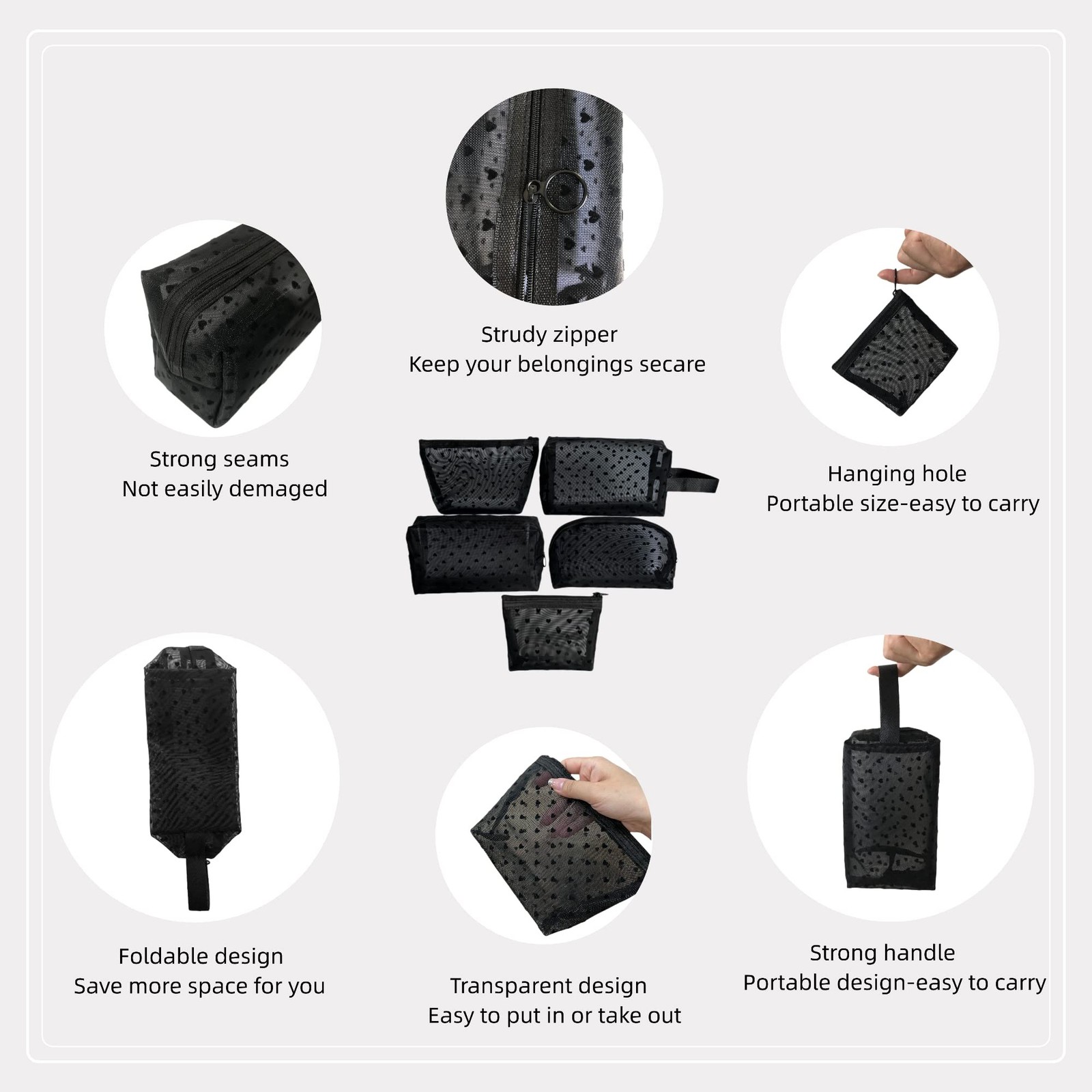 5 Pieces Zipper Mesh Cosmetic Bags Set, Mesh Heart Makeup Bags Toiletry Bags,…