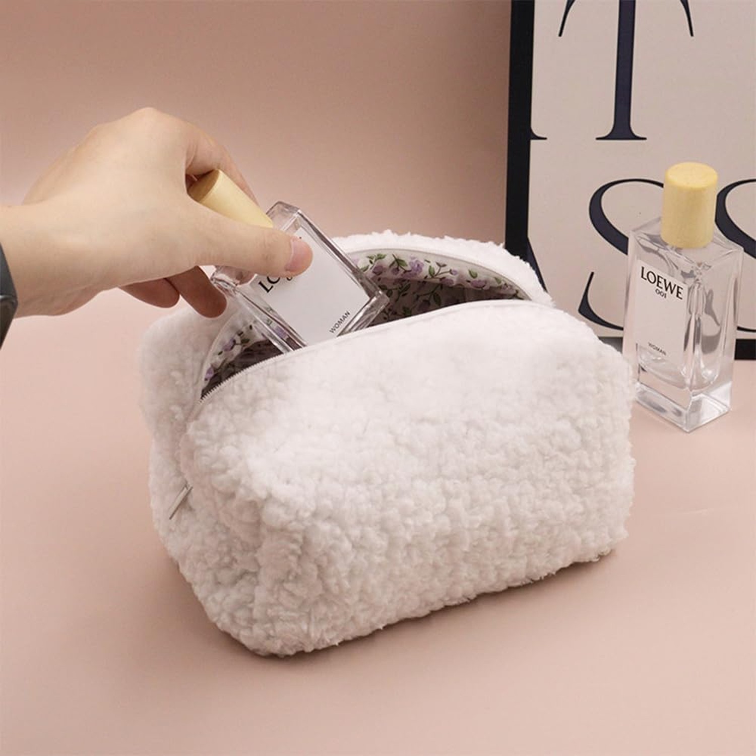 Cosmetic Bags for Women, Fleece Makeup bag Large Aesthetic Travel Toiletry ba…