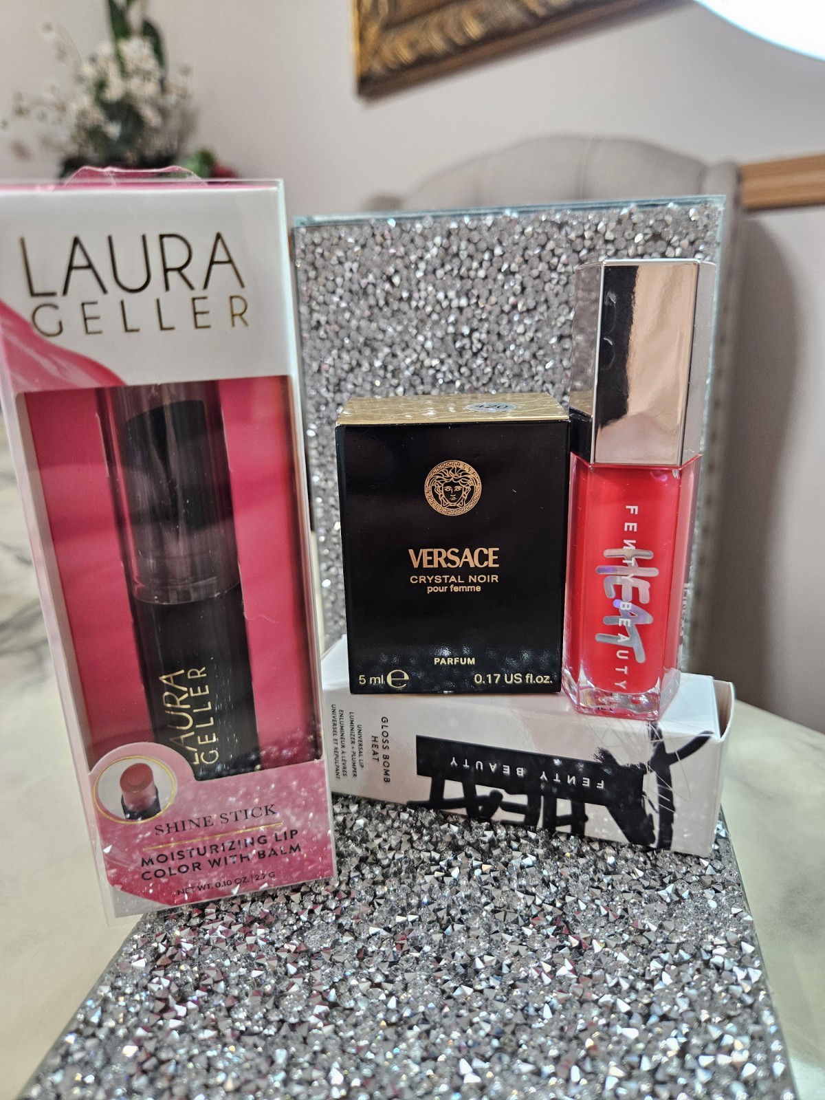 Laura Geller Shine Stick, Versace Crystal Noir, Fenty Beauty Gloss Bomb Lot