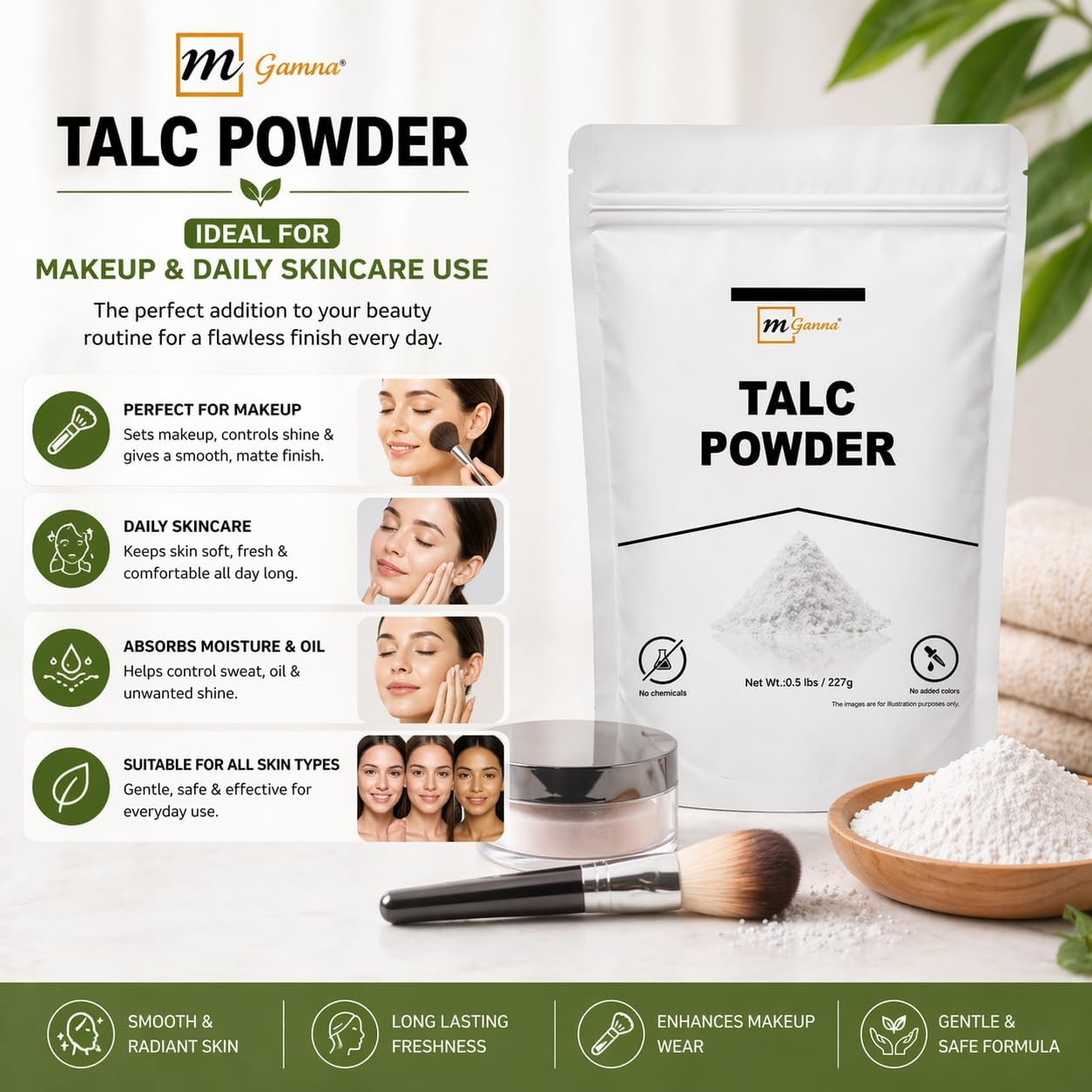 100% Natural Talc Powder for Facial Make-Up, Cosmetic Formulations, and Other In