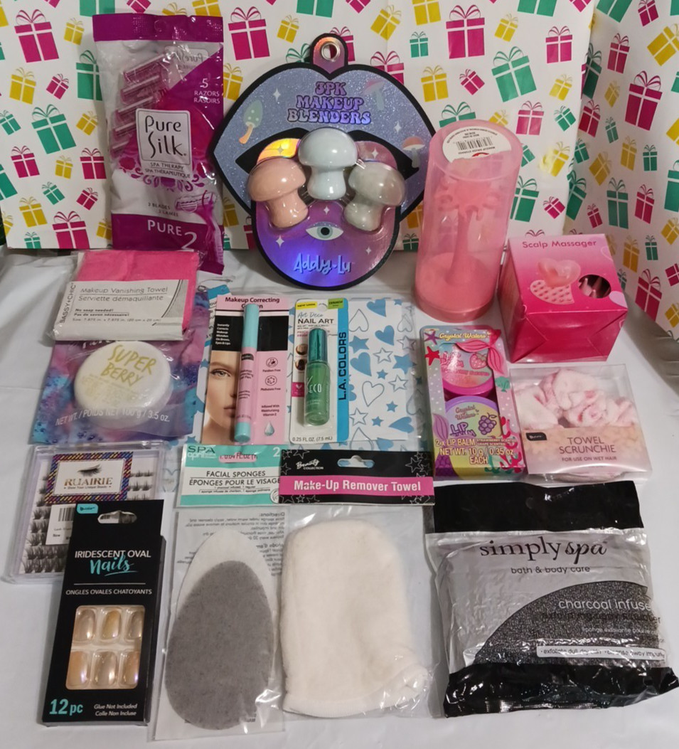 Mixed lot make-up + bath bombs, sponges, blenders, towels, lip balm, massager +