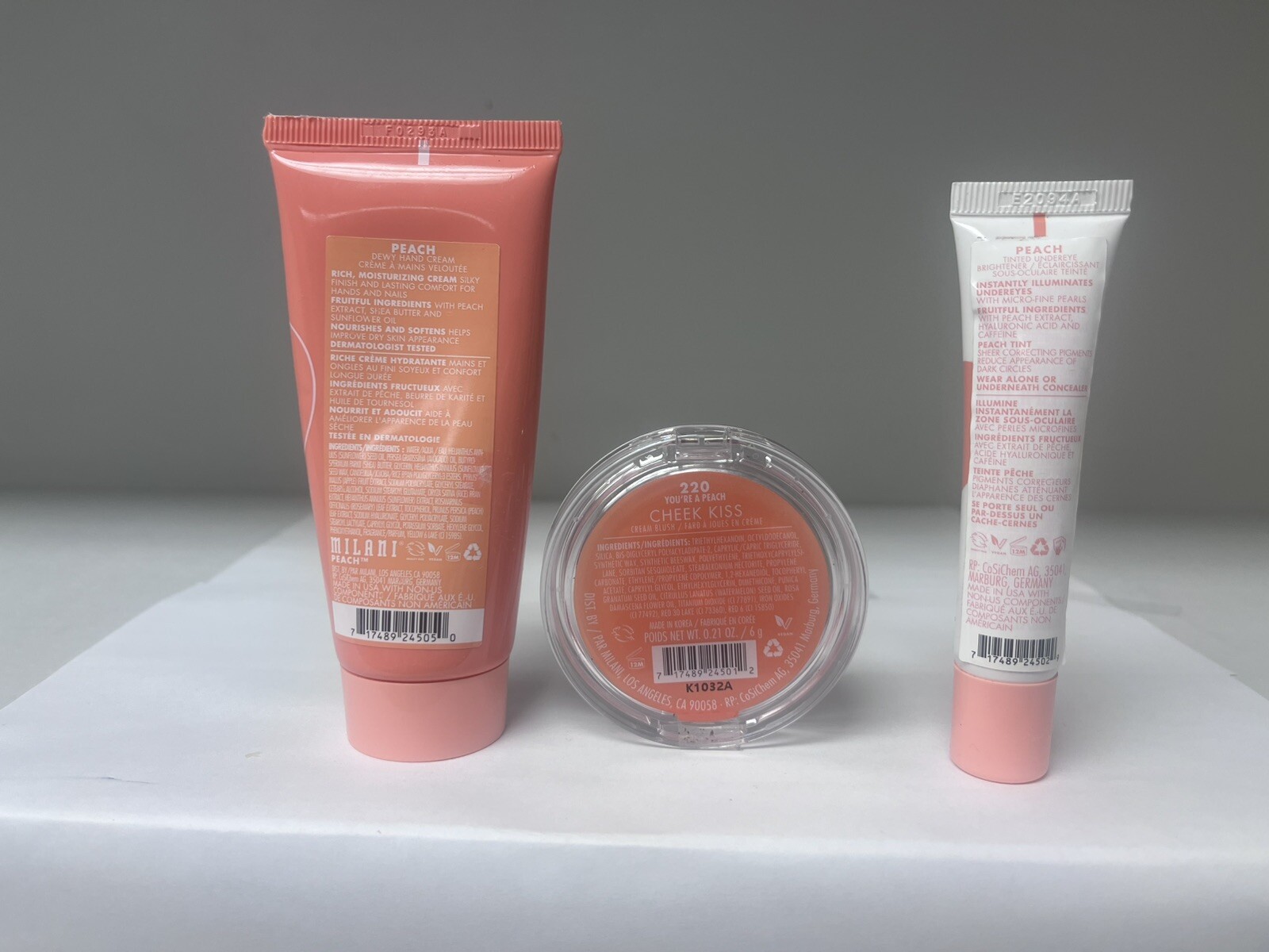 Milani LOT 3 PC Set- PEACH Hand Creme, Tinted Undereye Brightener & Creme Blush