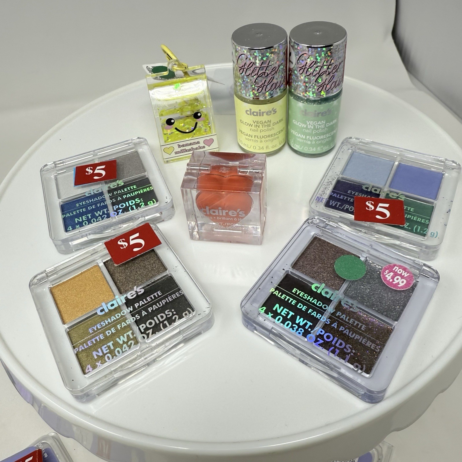 Claire’s Lot Makeup Glass Eyeshadow Pallet Nail Polish Glow In Dark Keychain
