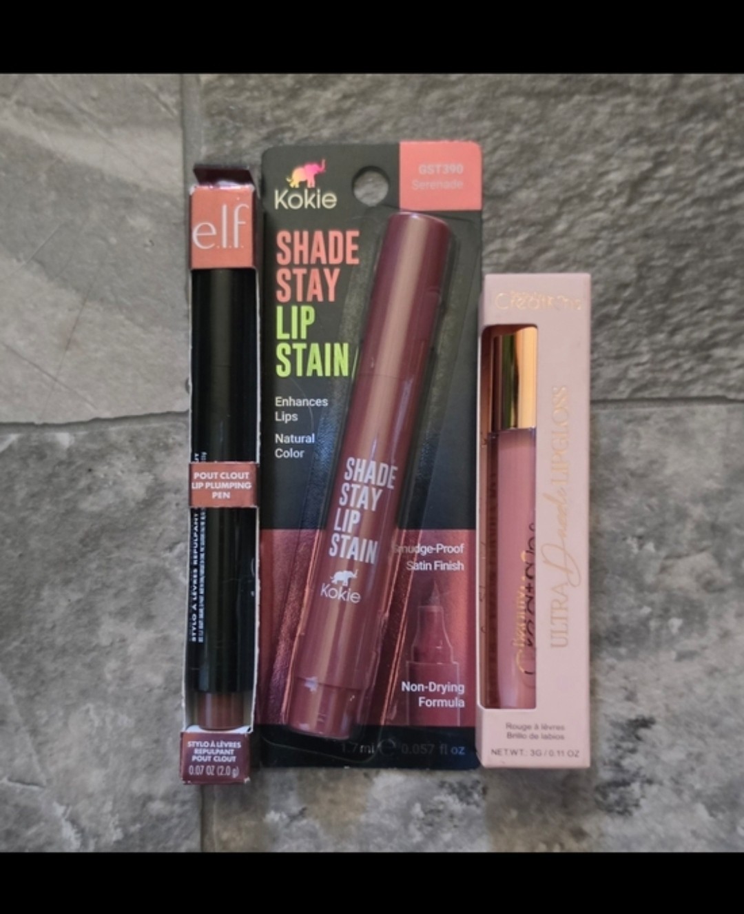 ELF Pout Clout Lip Plumping Pen, Beauty Creations Lip Gloss, Kokie Lip Stain