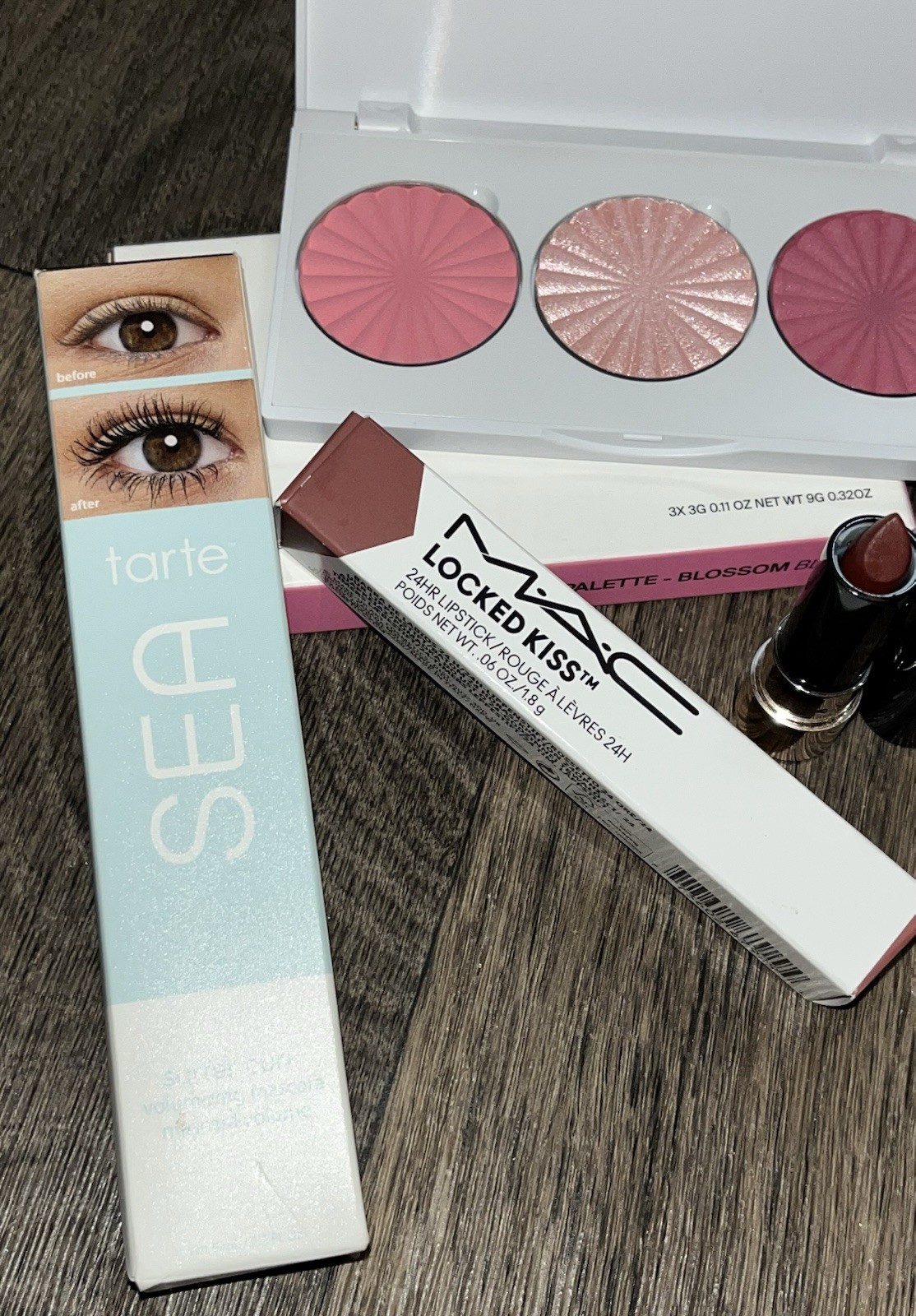 Cosmetic Set of 5 Items, Tarte, Mac, Mascara, Lipstick, Blush and Eye Liners
