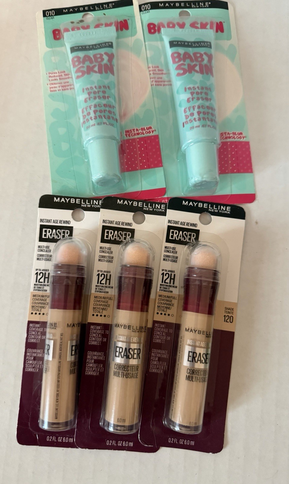 Maybelline Makeup Bundle Baby Skin Primer + Age Rewind Concealer 120 Lot 5 NEW
