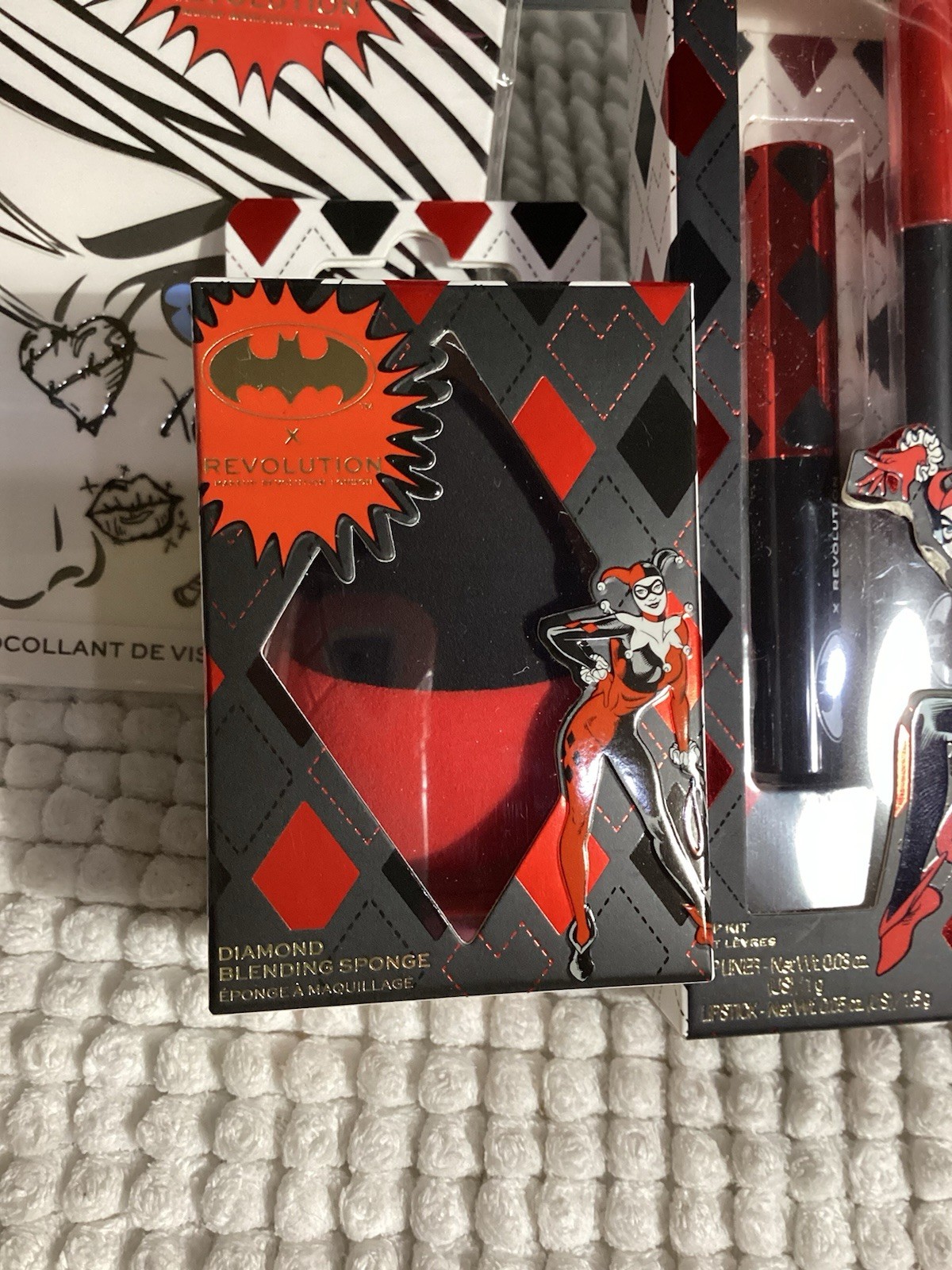 Revolution x DC Harley Quinn 5pc Lot; Cosmetic Bag, Sponge, 2 Lip Kits & Sticker