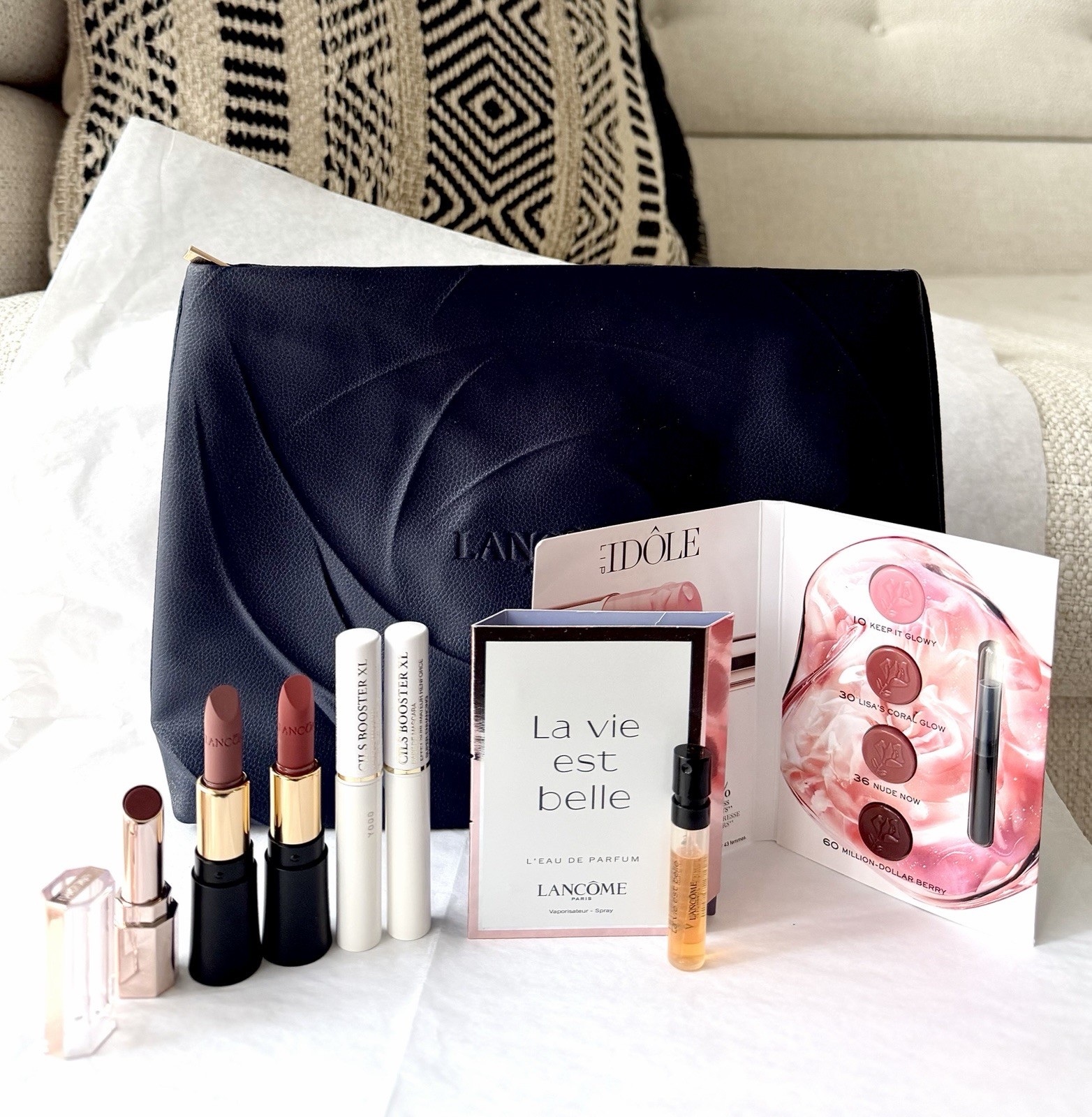 8PC LANCOME Set/Lipsticks/Cils Booster XL/Lip Idole Butterglow Lip Balm/Bag