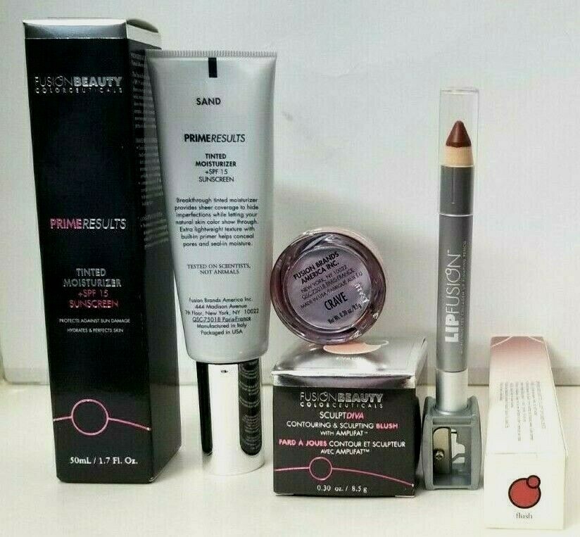 Fusion Beauty Bundle: Tinted Moisturizer SAND, Lip Plumping Pencil FLUSH, Blush