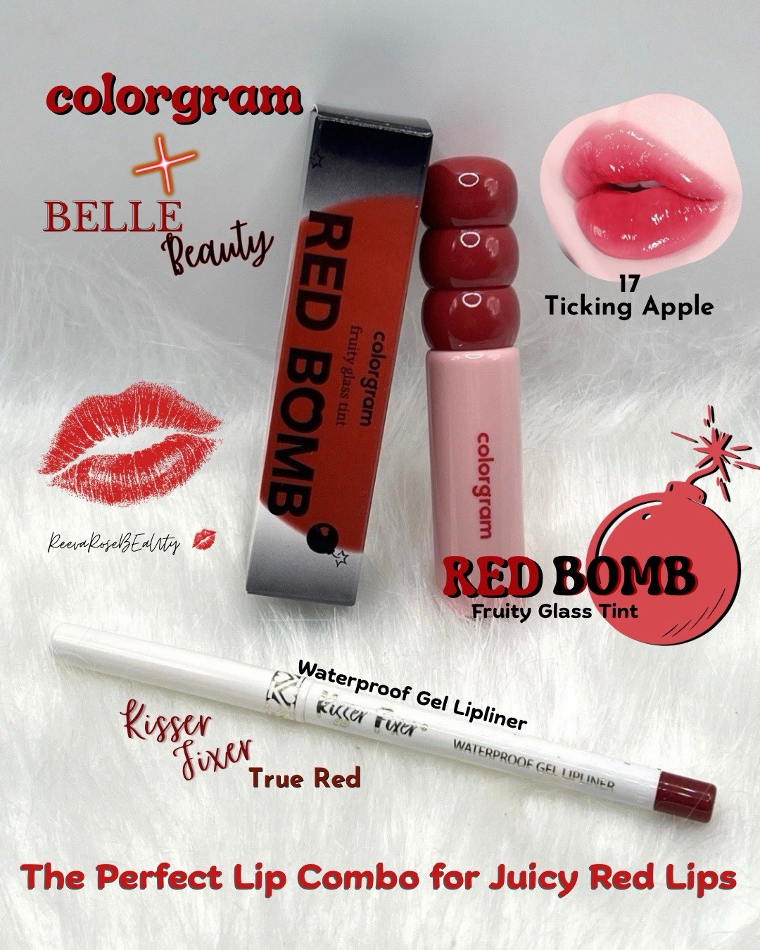 Colorgram RED BOMB 17 Ticking Apple + Belle Beauty TRUE RED Kisser Fixer Lip Duo