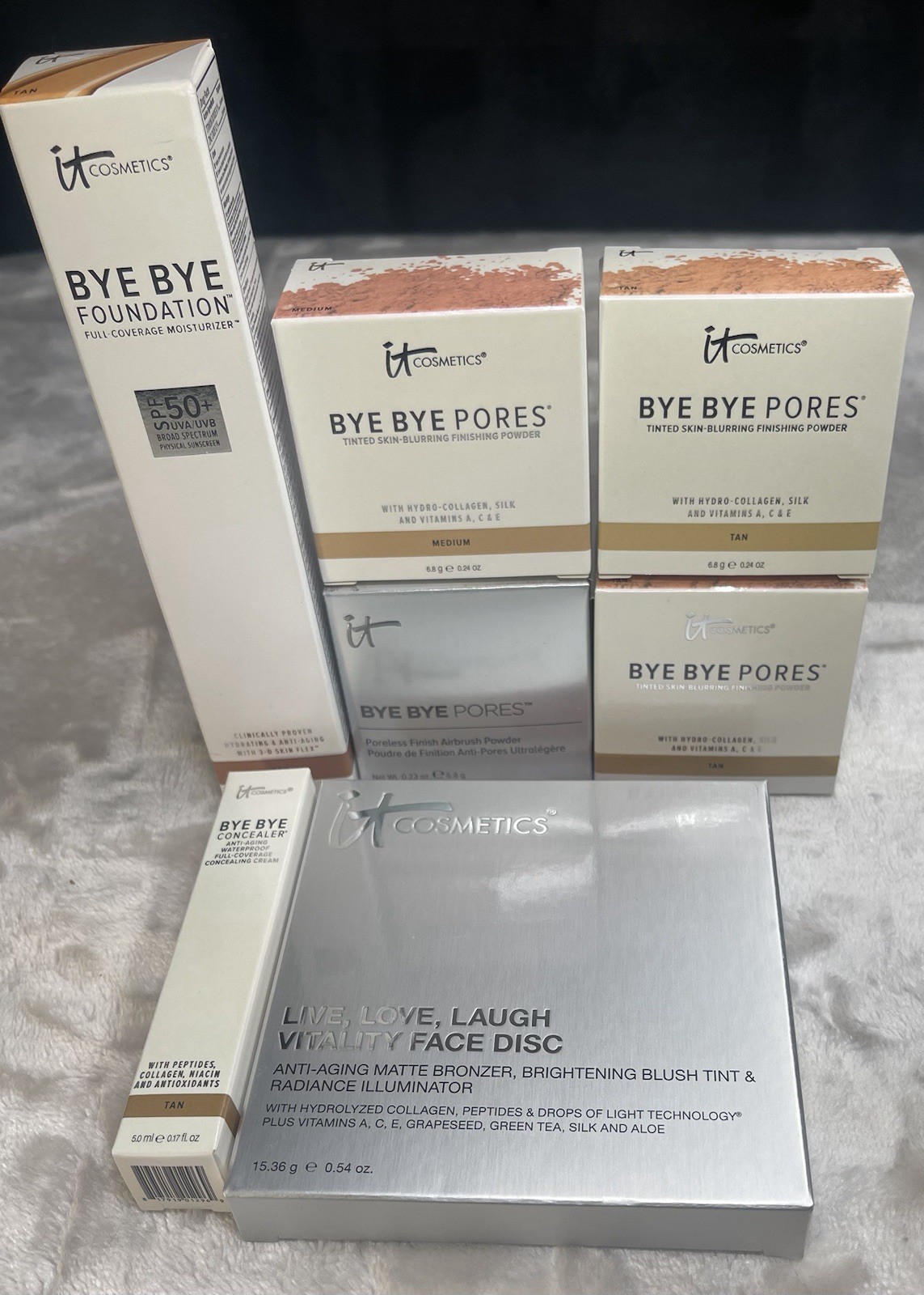 Bye Bye Makeup: Lot of 7. Foundation Tan,Concealer Tan,Finishing Powders Tan/med