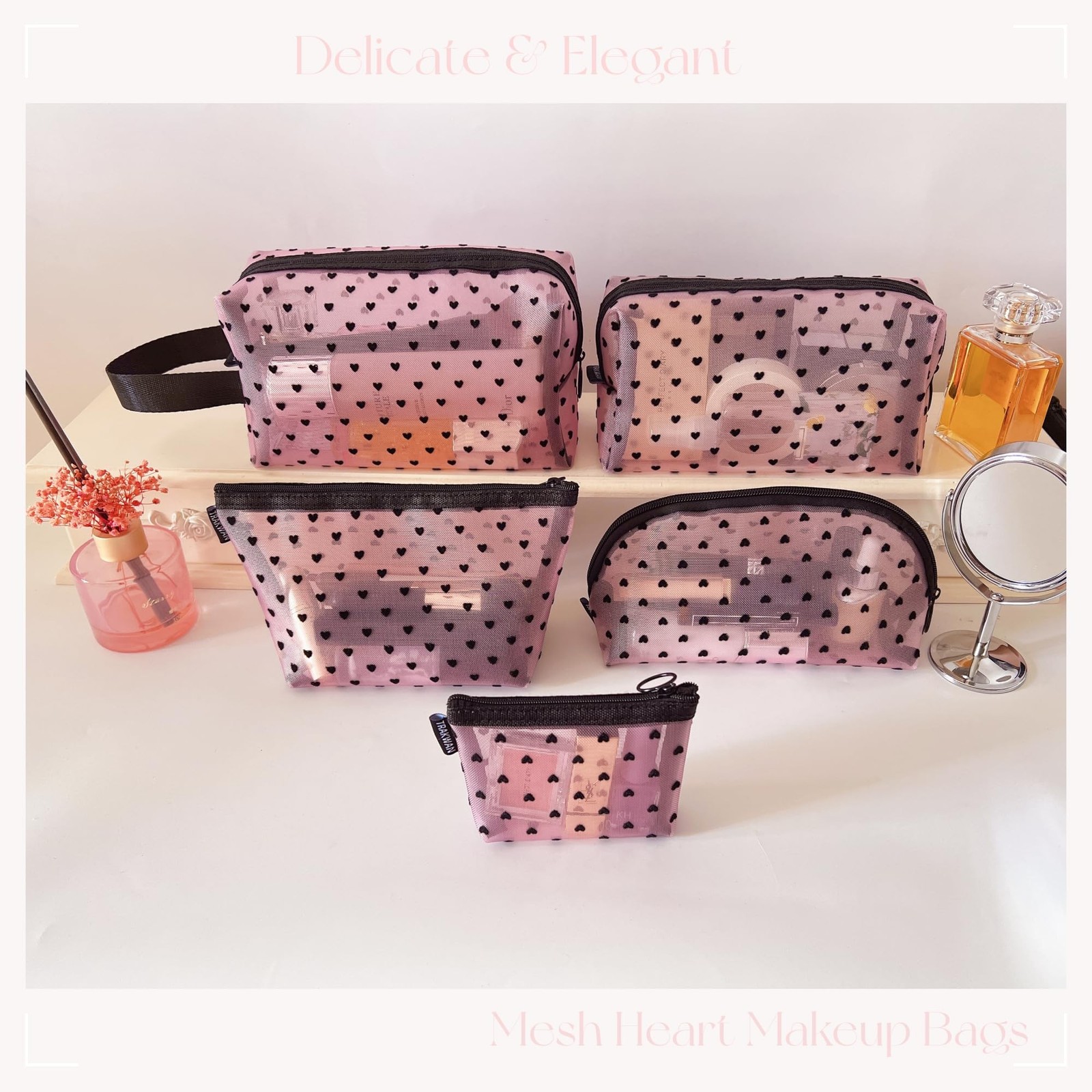 5 Pieces Mesh Heart Makeup Bags Sets, Zipper Mesh Cosmetic Bag Toiletry Bag, …