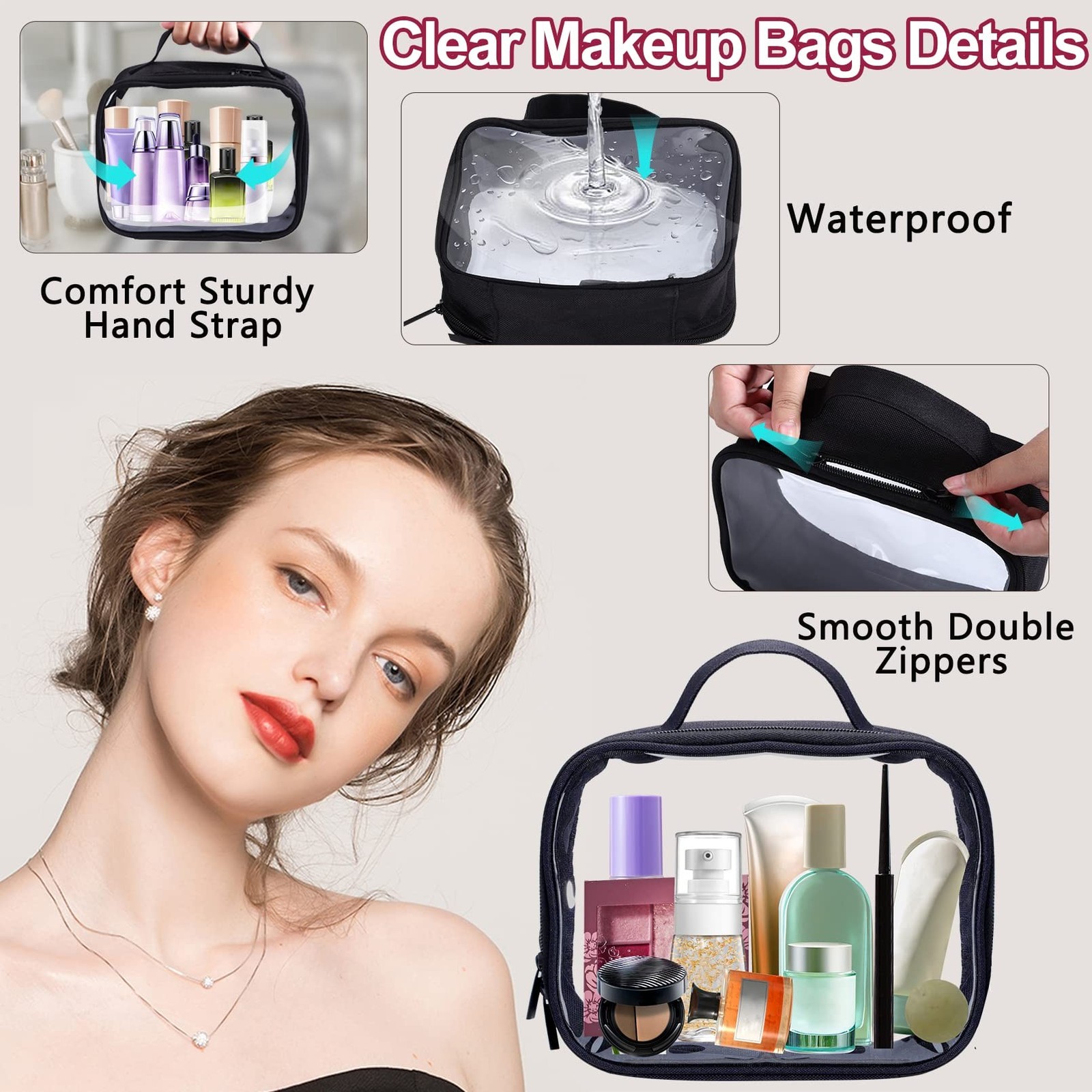 3Pack Clear Makeup Bags,Clear Toiletry Bag with Zipper Handle,PVC Translucent…