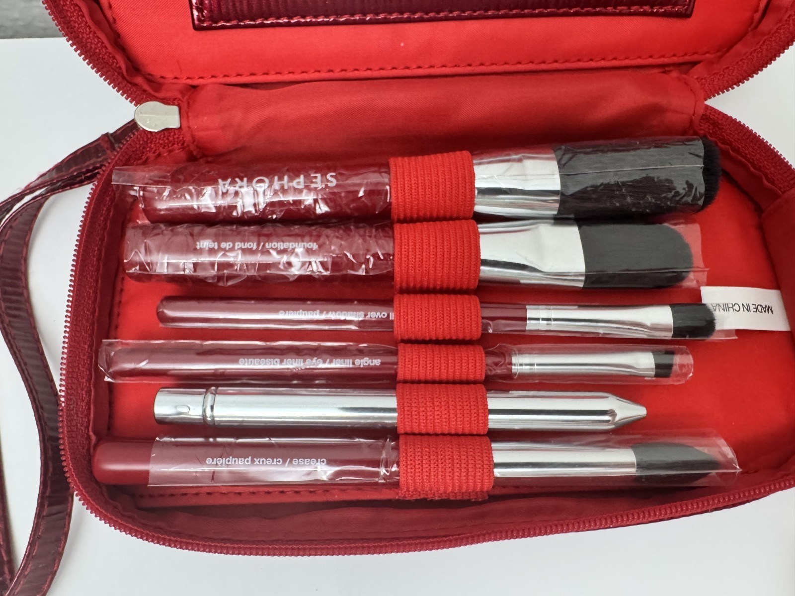 SEPHORA Makeup Brush Set Travel Mini Brushes w/ Mirror Case Cosmetic Kit Red